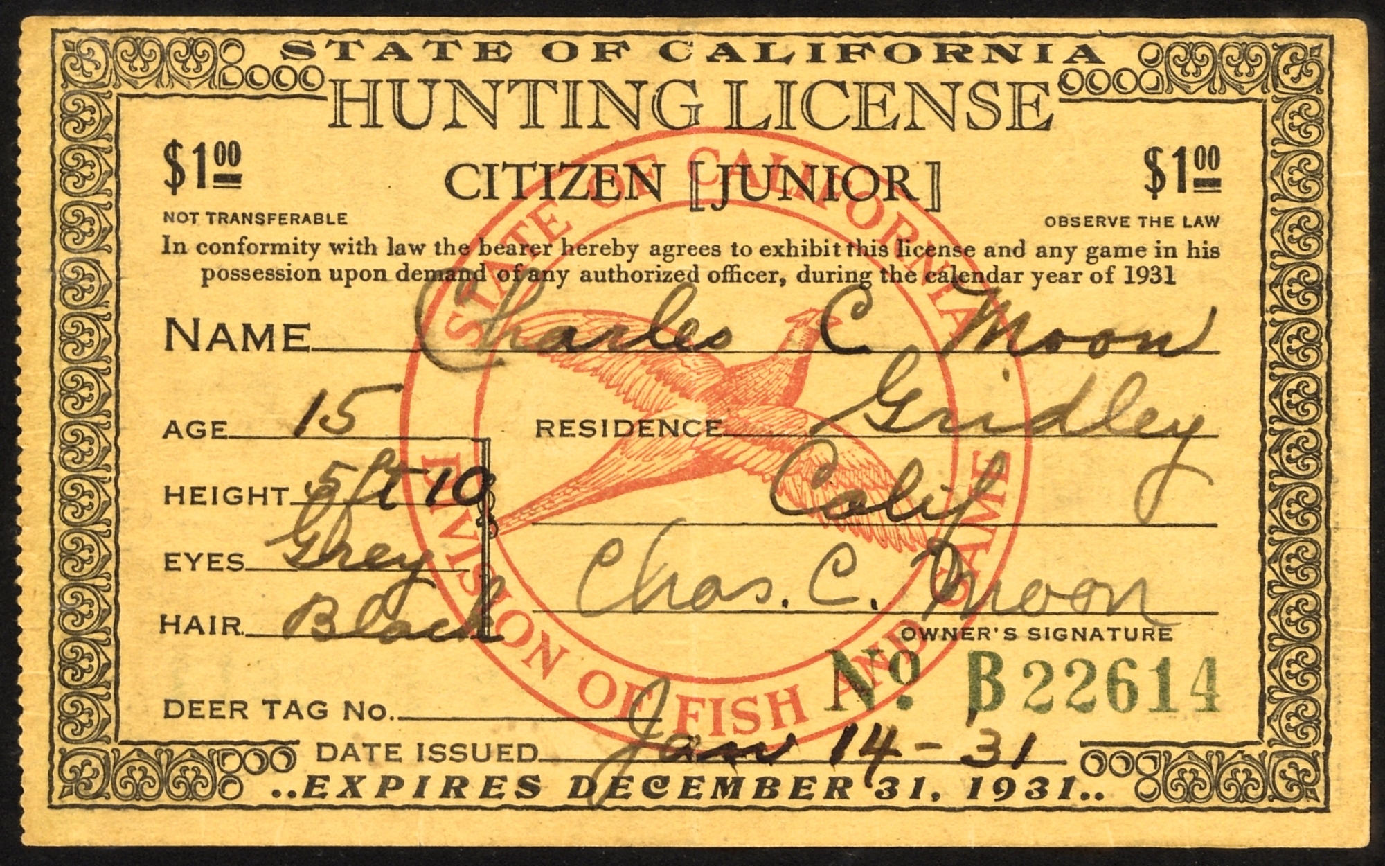 California 1928 193435 BOY & JUNIOR Hunting Licenses Waterfowl