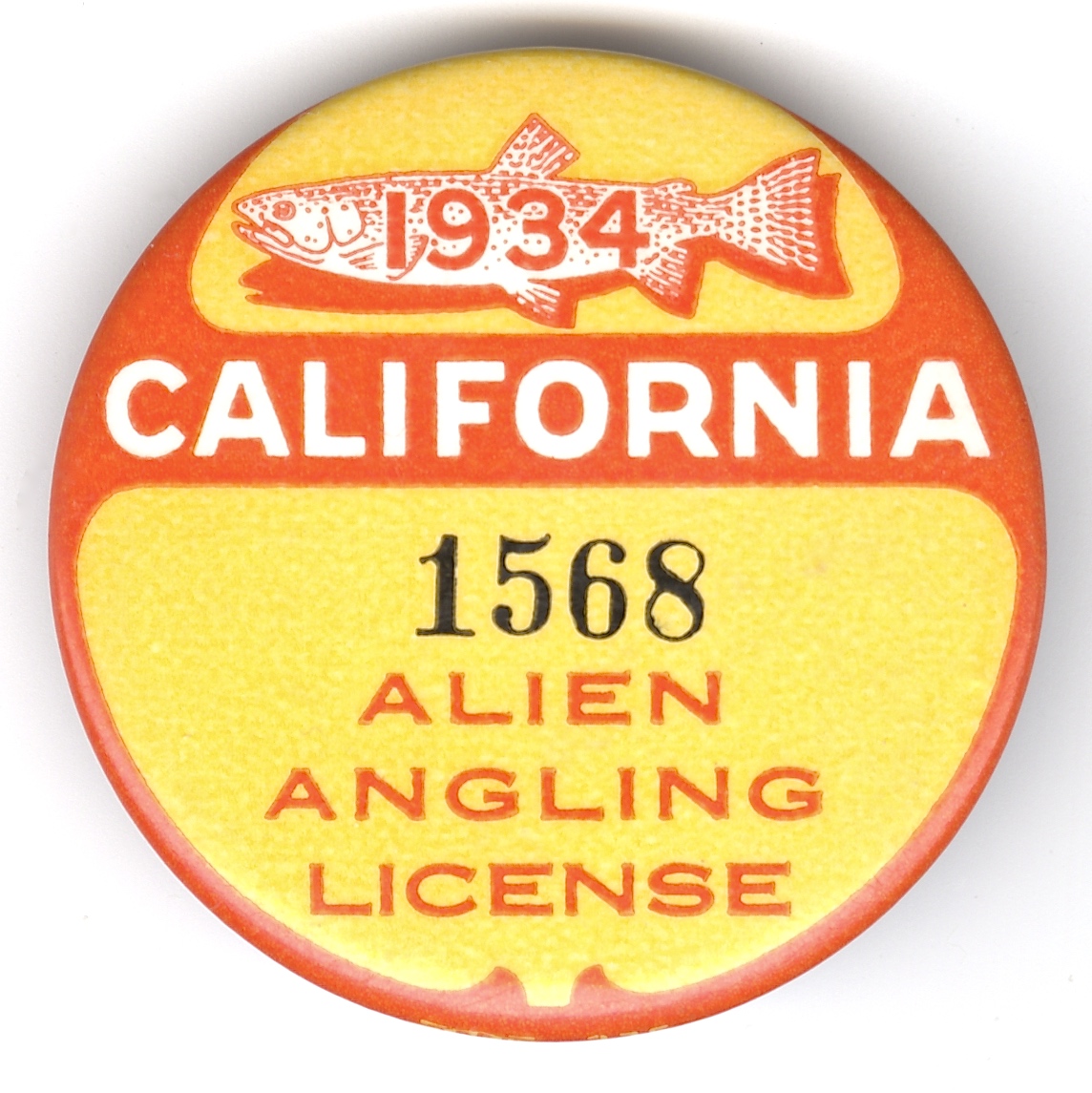1934 Alien Fishing License Button California