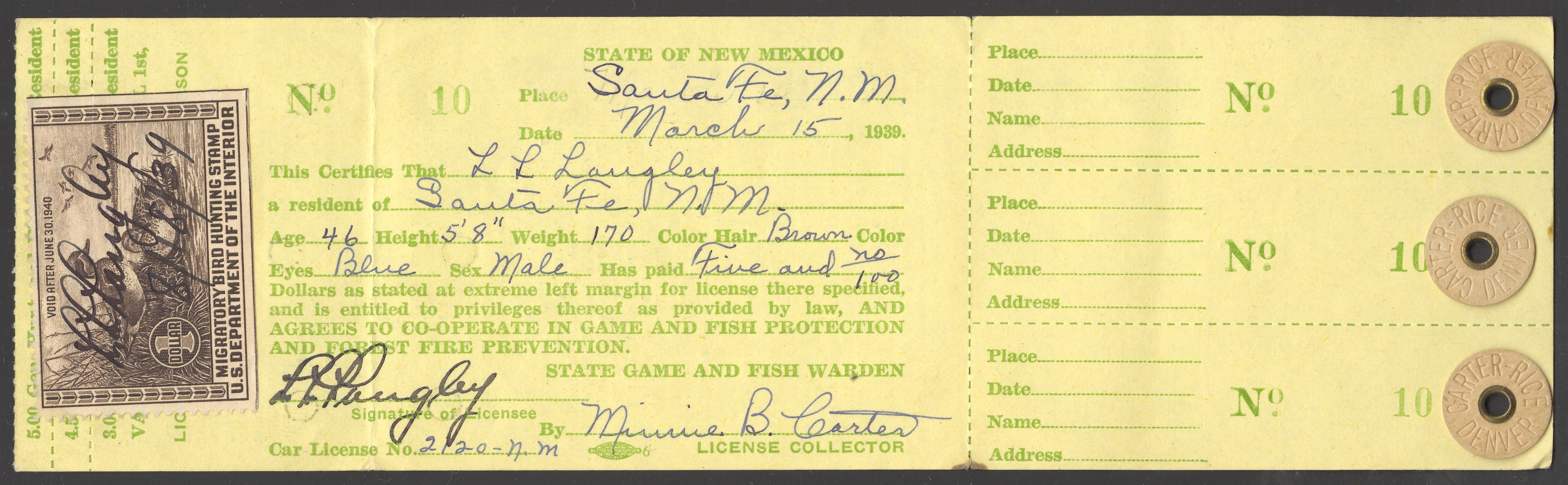 1939-40 (5.00) with RW4 New Mexico Hunting License - Waterfowl Stamps ...