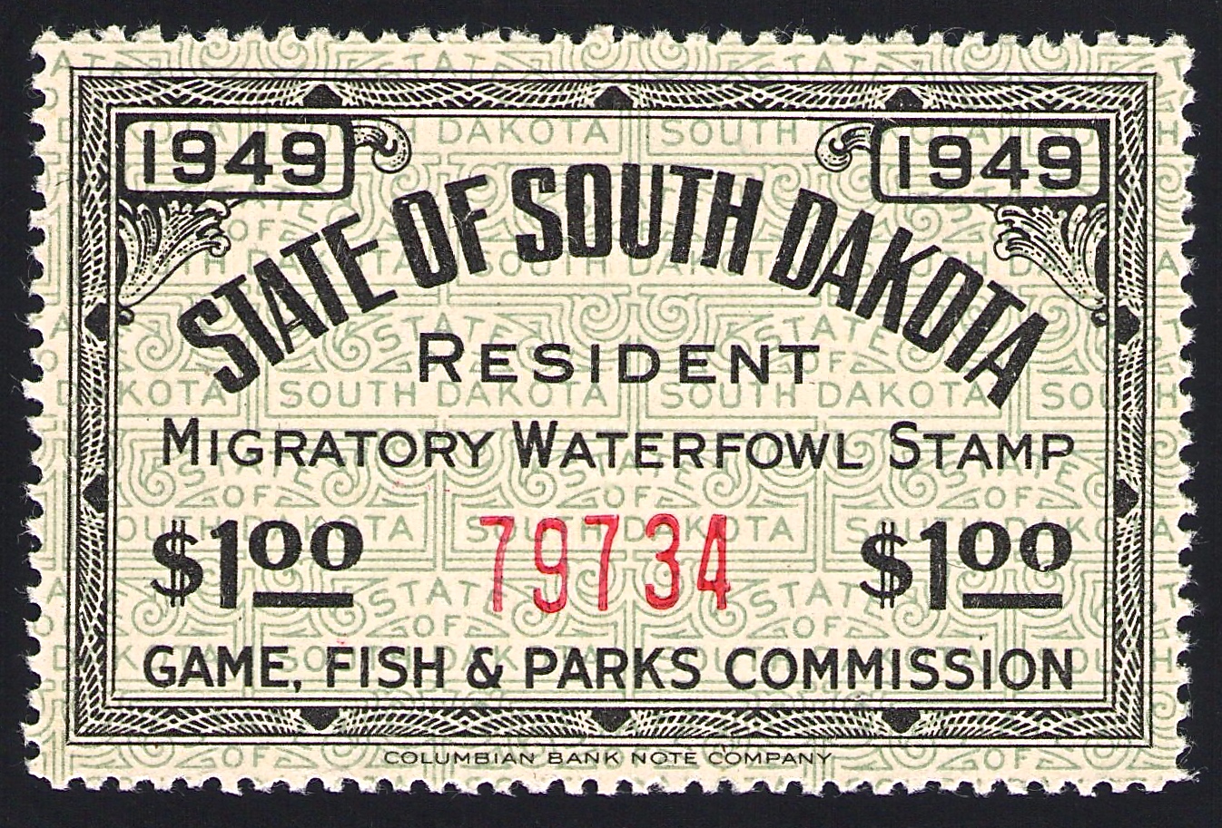 1950 South Dakota Resident Waterfowl printed on Horizontal Safety Paper