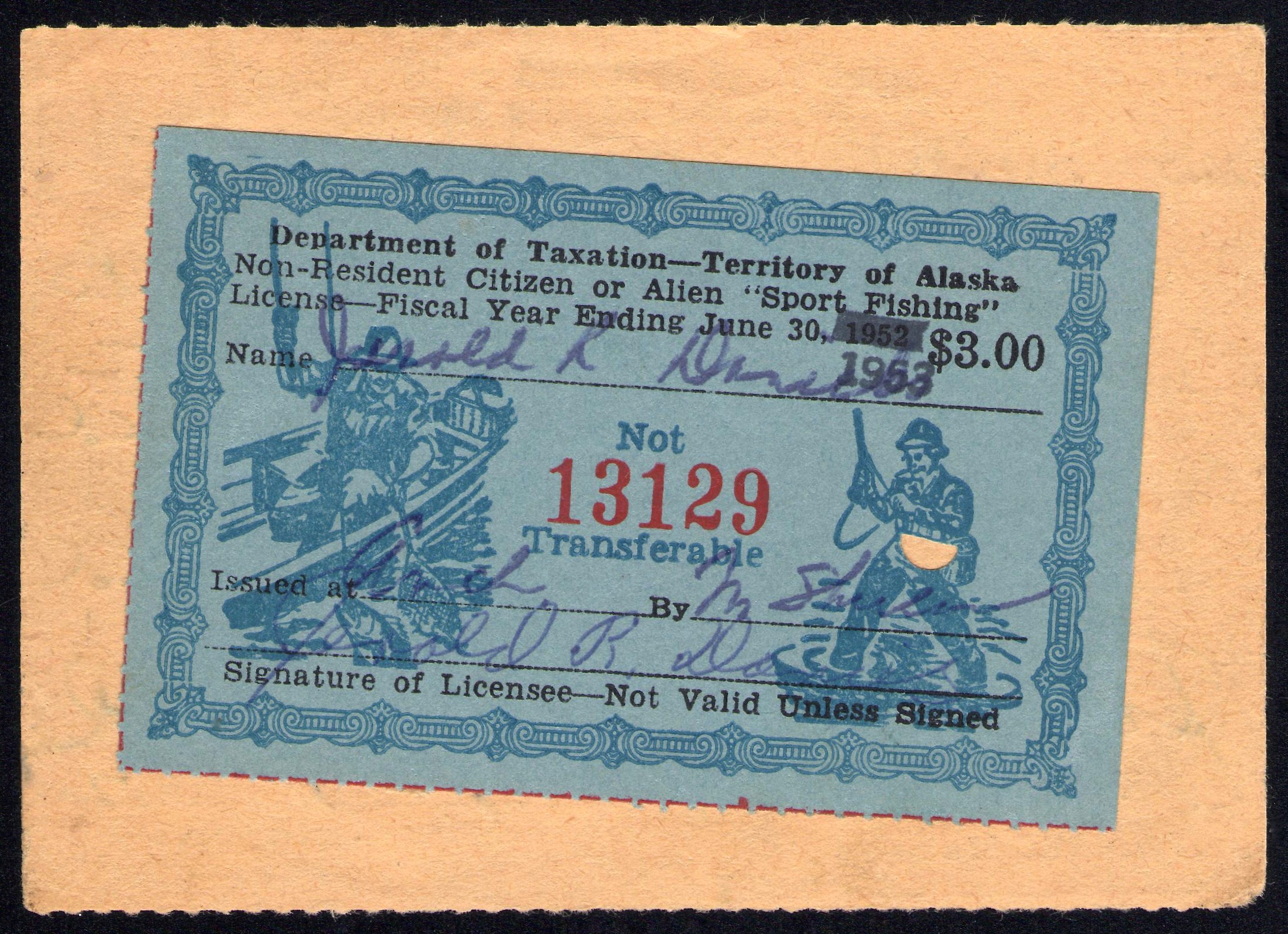 1952-53 Alaska Non Resident Sport Fishing on License