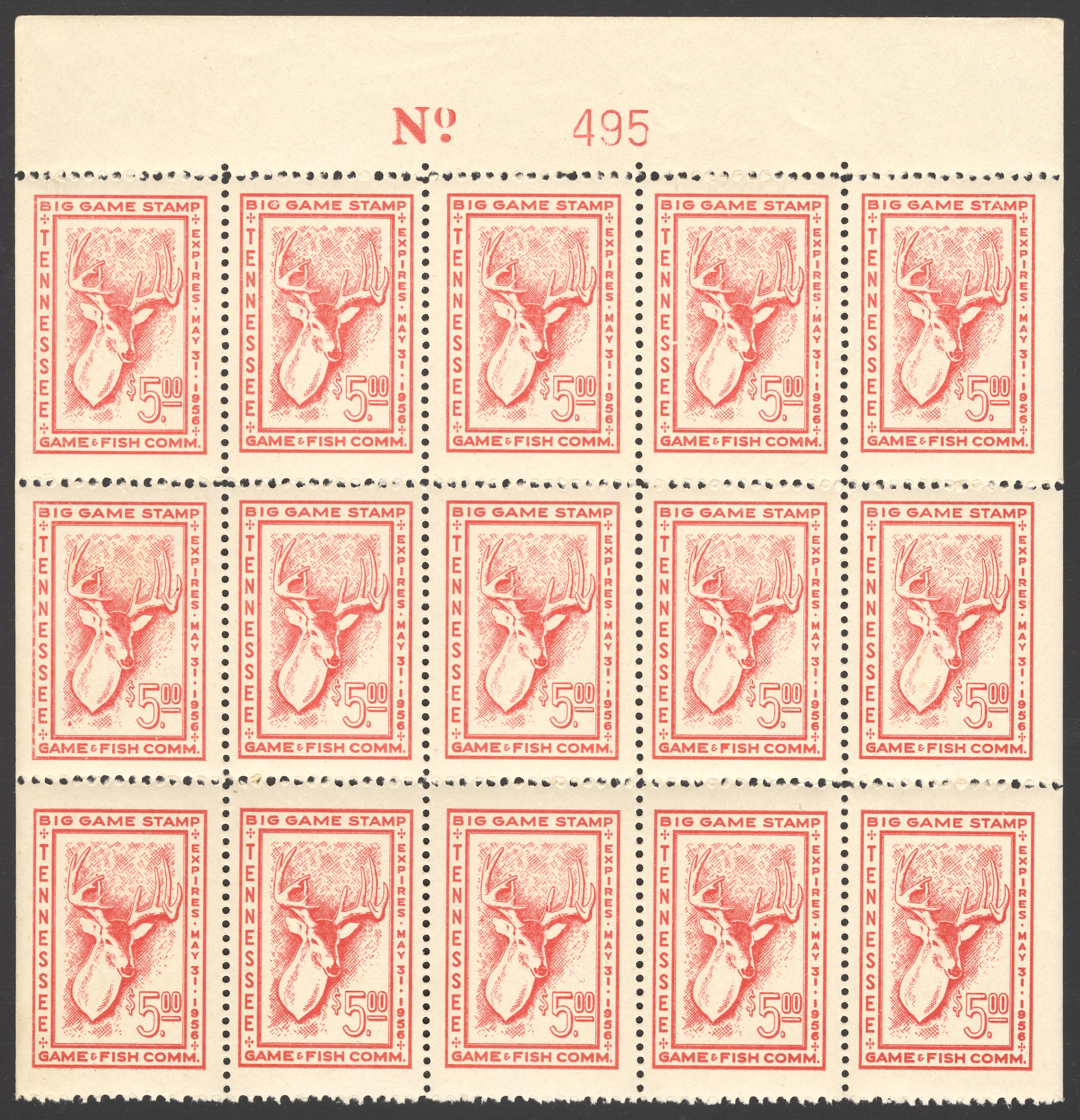 1955-56 Tennessee Big Game Upper Block of 15 with Plate Number, ex Carnahan Archive
