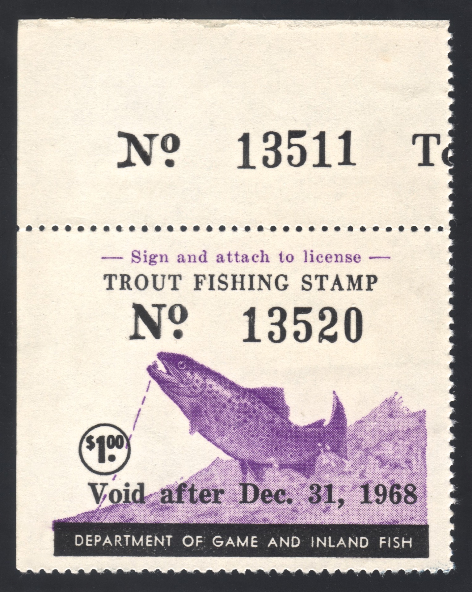 1968 Maryland Trout Top Plate Number Single, ex Boward Family 