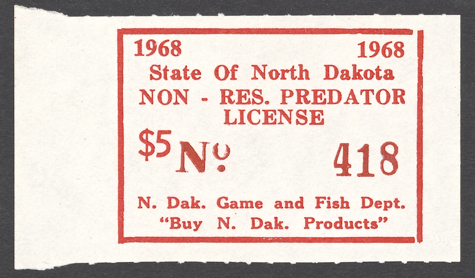 1968 North Dakota Non Resident Predator, ex Vanderford