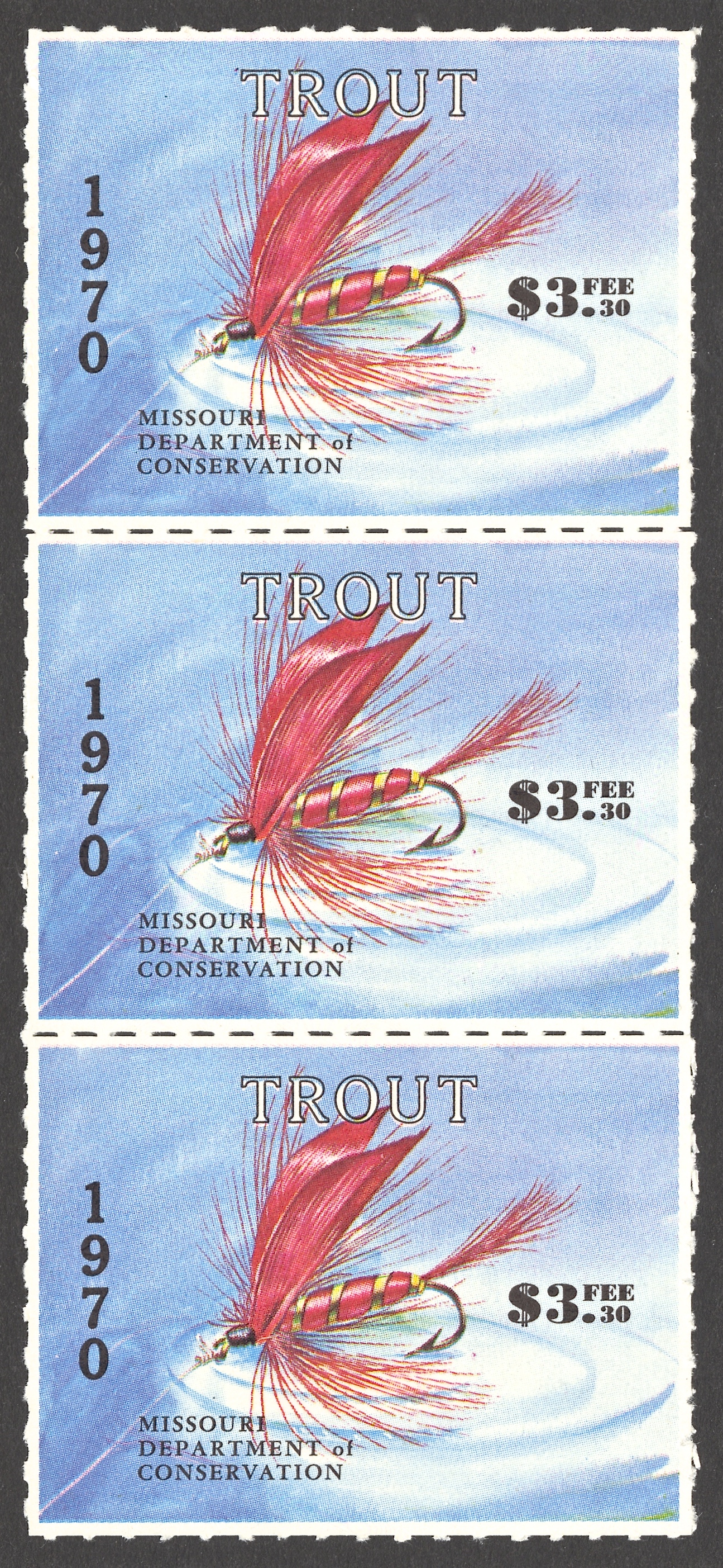 1970 Missouri Trout Error, Vertical Strip with Serial Numbers Missing