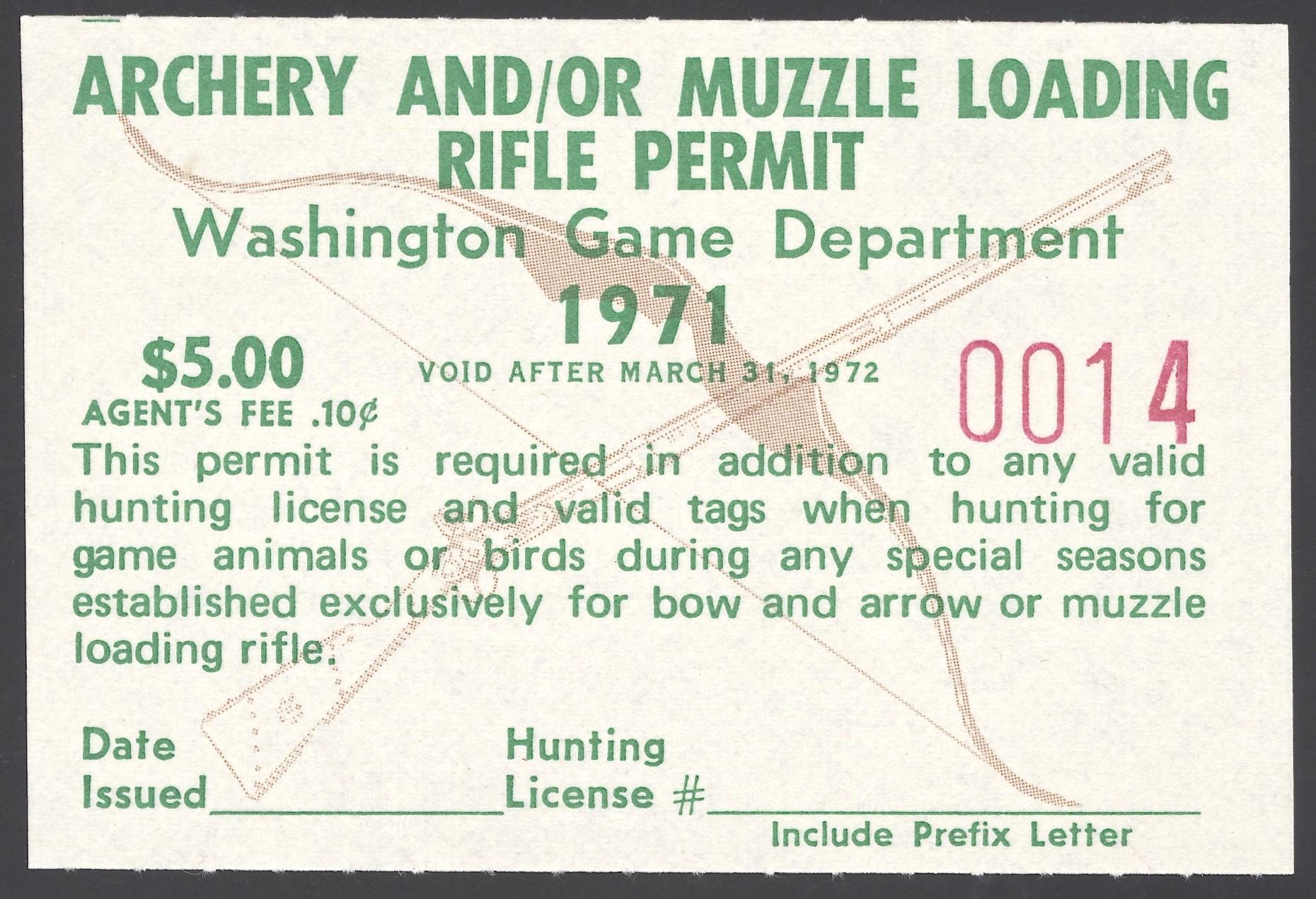 1971-72 Washington Archery And/Or Muzzle Loading, unused – ex Vanderford
