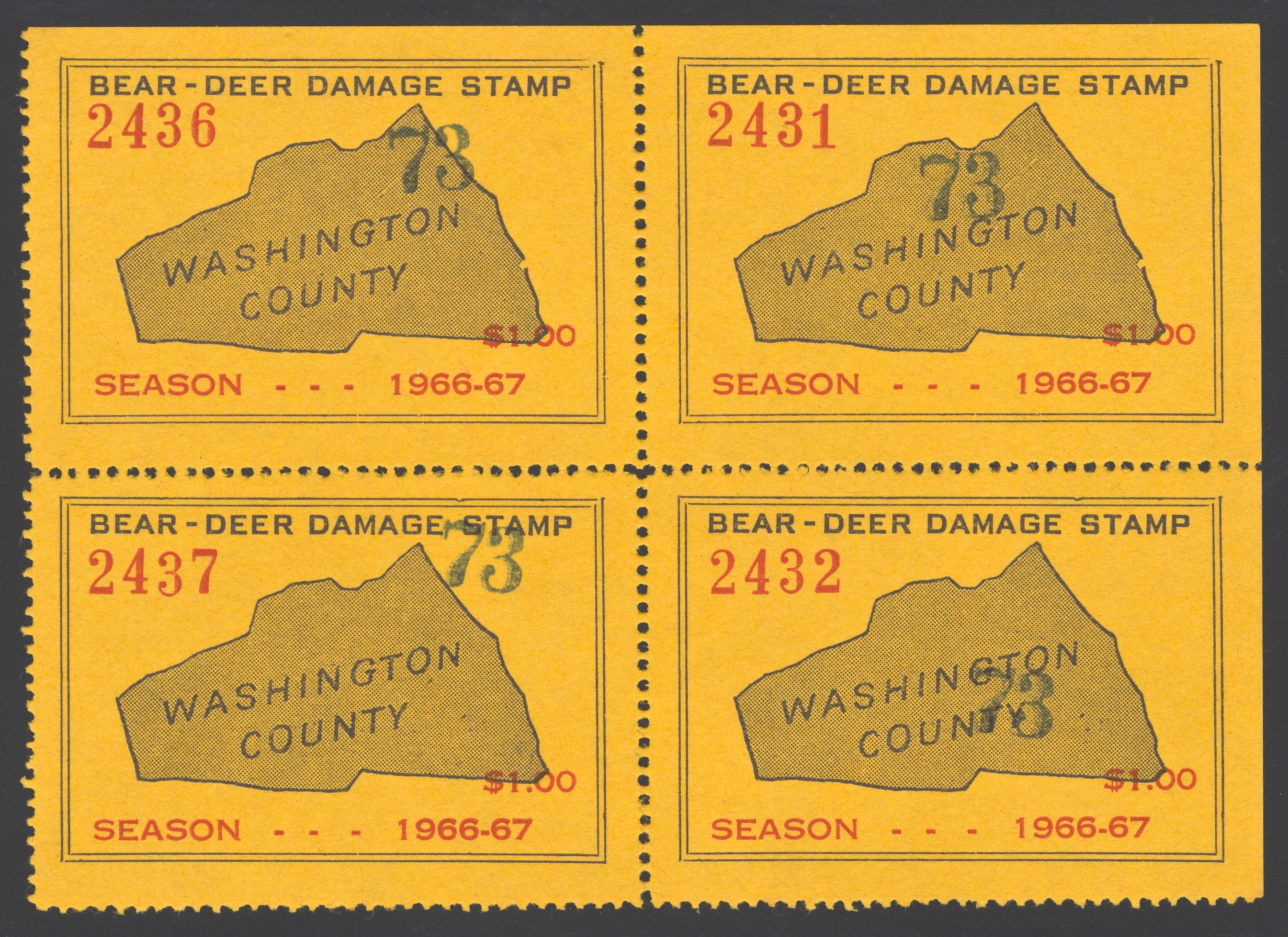 1973-74 Provisional Washington County, Virginia Block of Four (Year Date Rubber-Stamped on 1966-67 Issue)