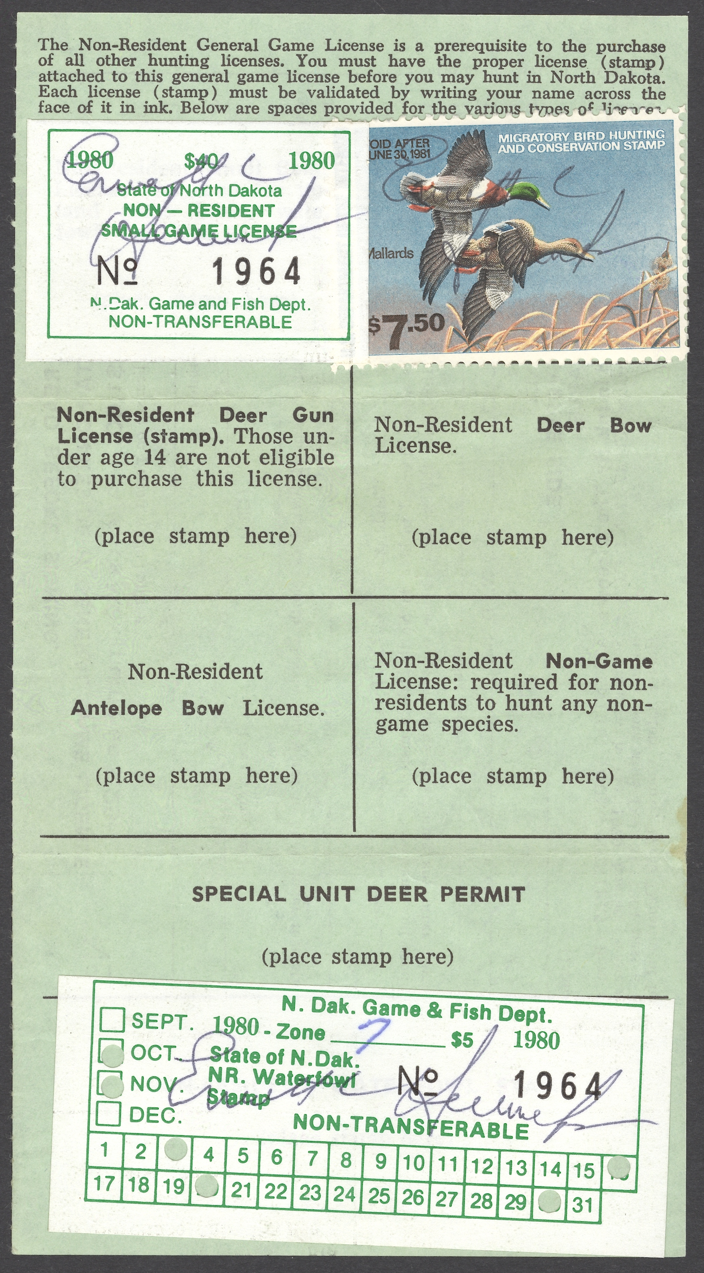 1980 Zone 7 North Dakota NR Waterfowl on license with small game and