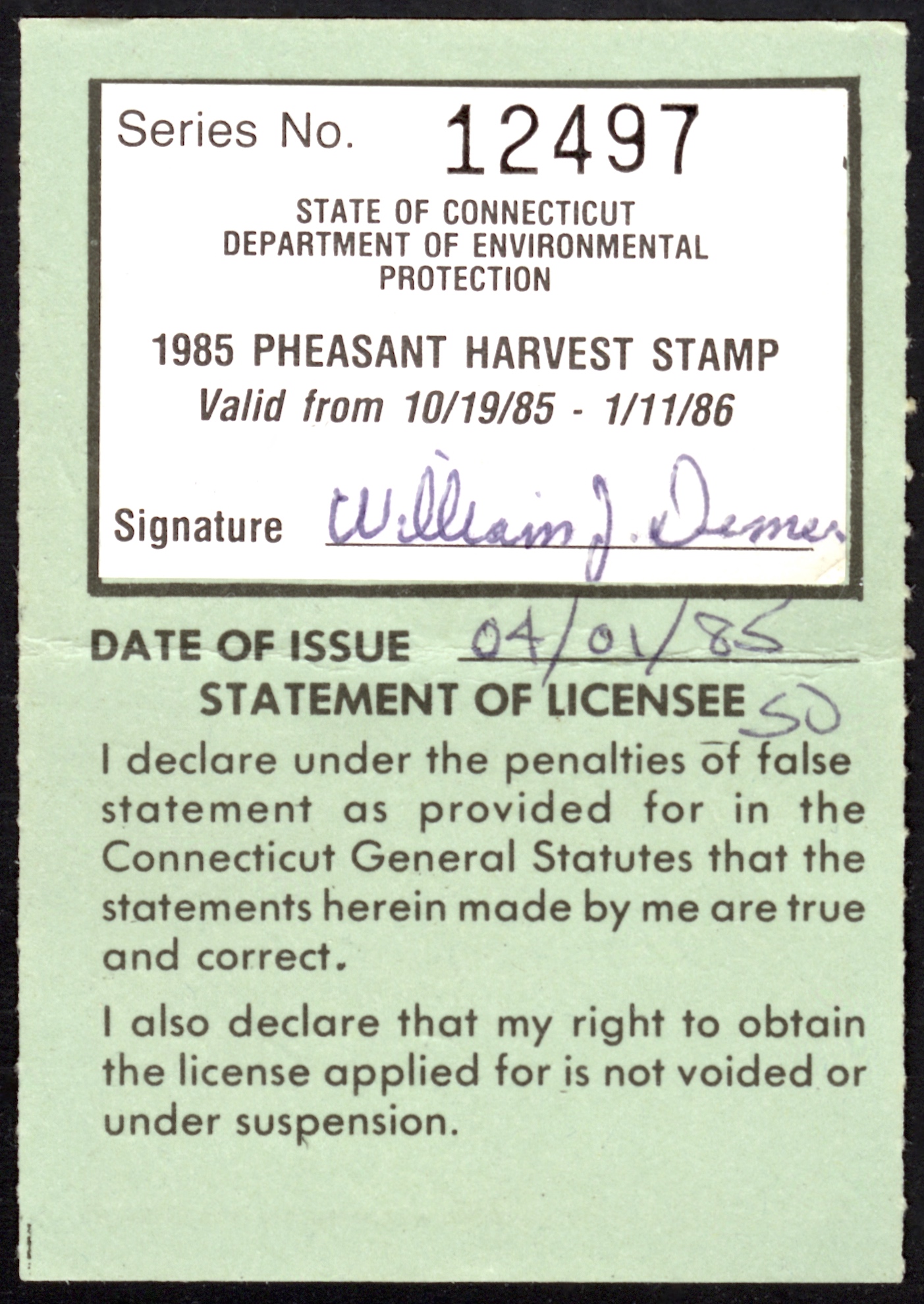 1985-86 Connecticut Pheasant on License