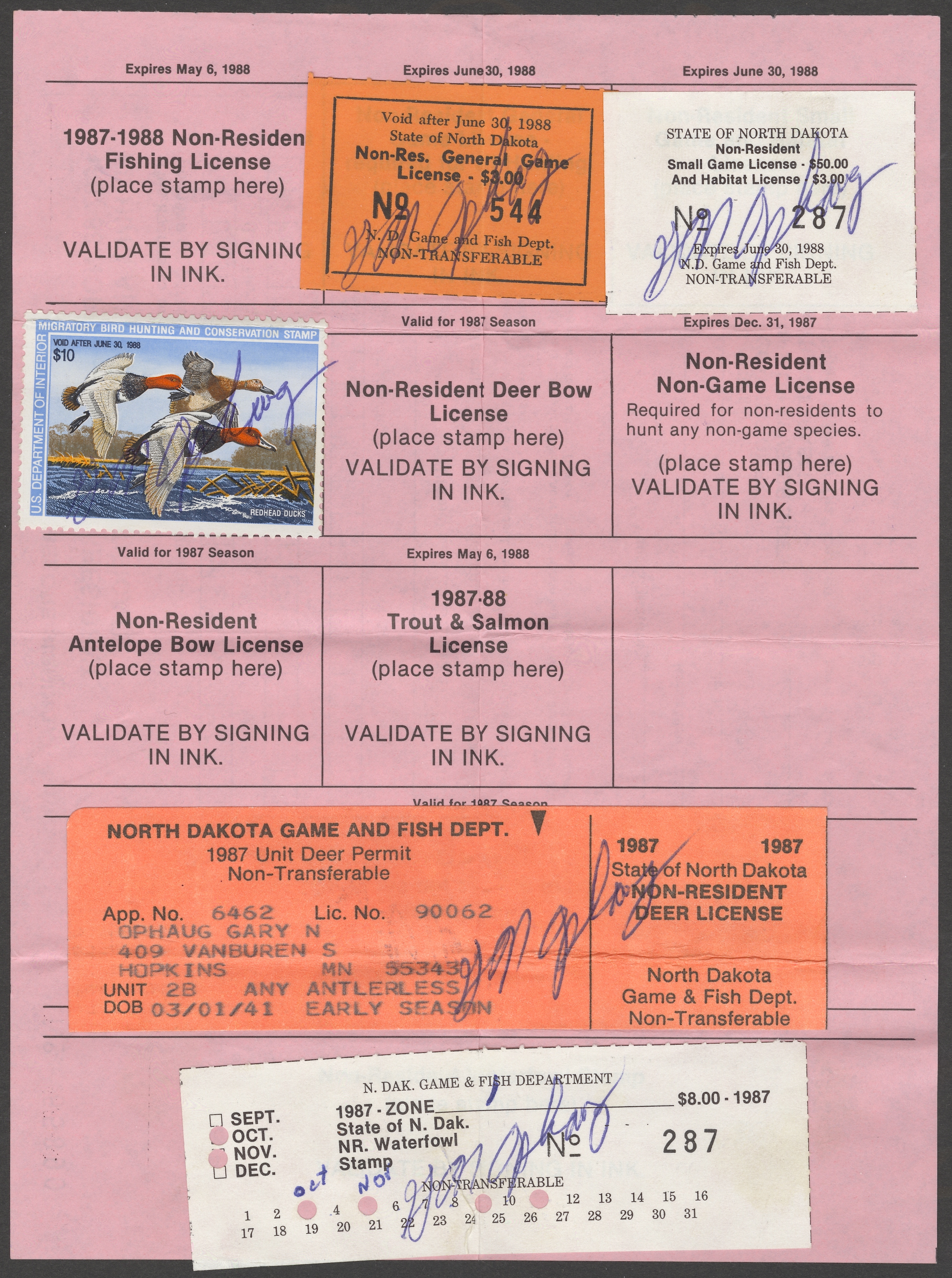 1987 Zone 1 North Dakota NR Waterfowl on license with small game and