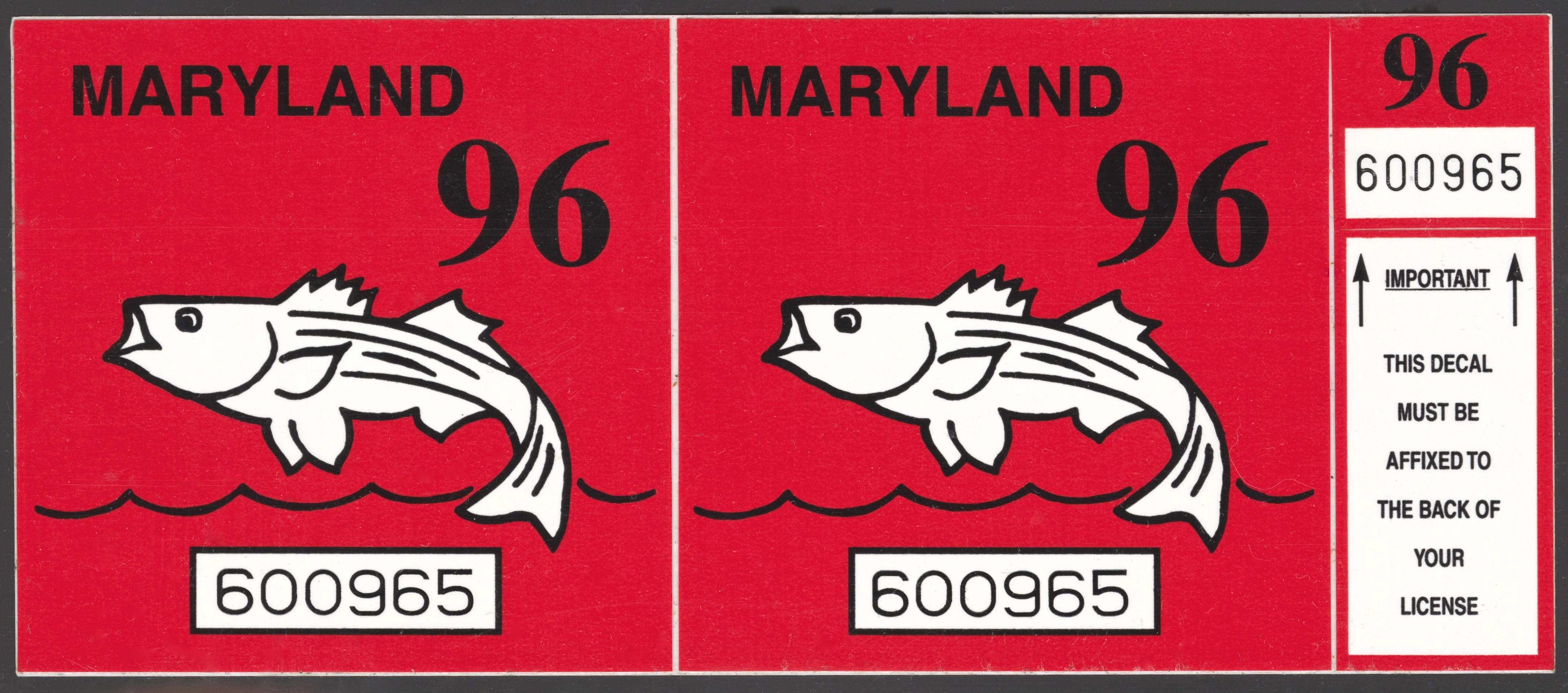 1996 MD Chesepeake Bay Sport Fishing License stamp unused strip (3) for