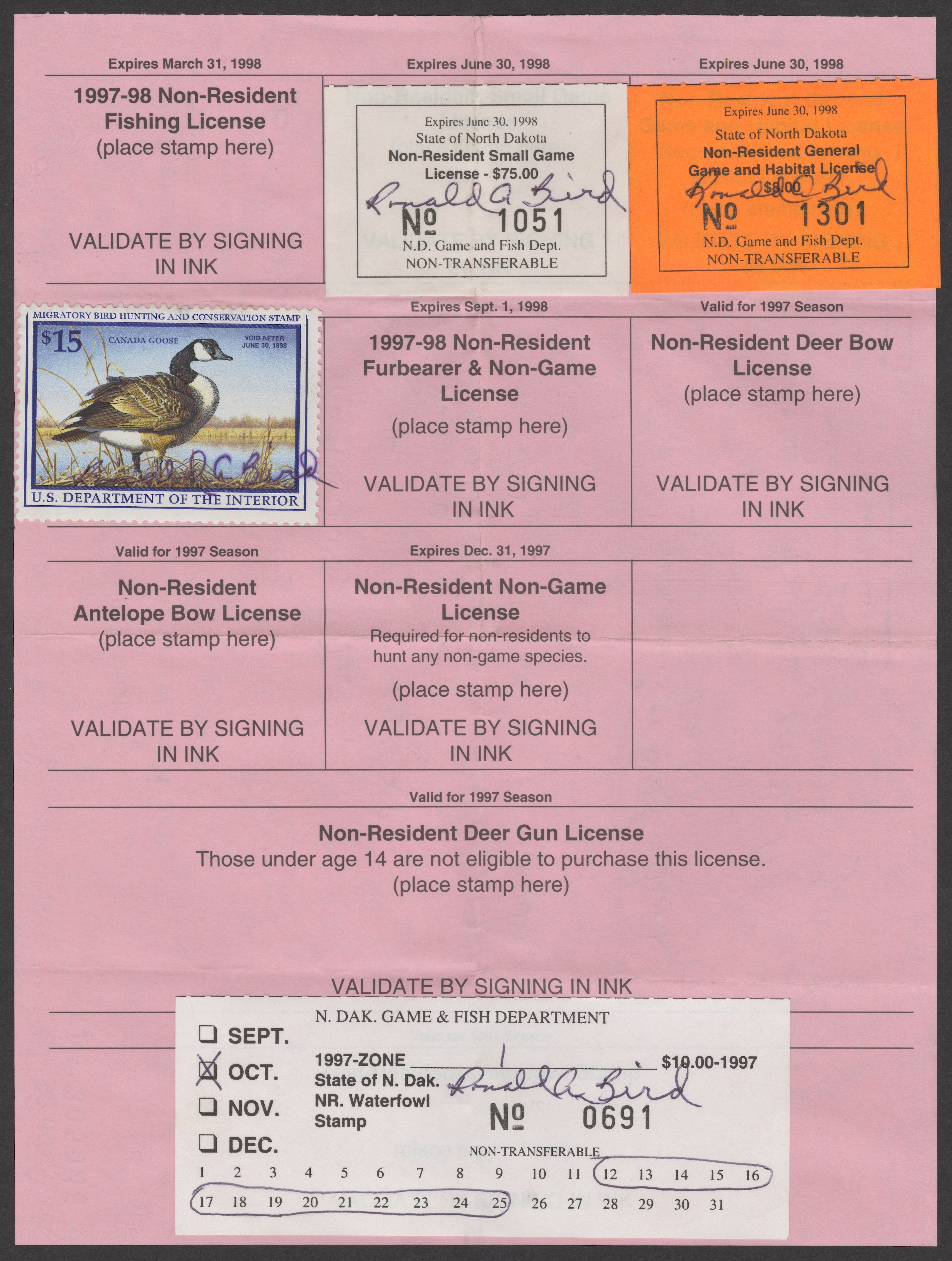 1997 Zone 1 North Dakota NR Waterfowl on license with small game and