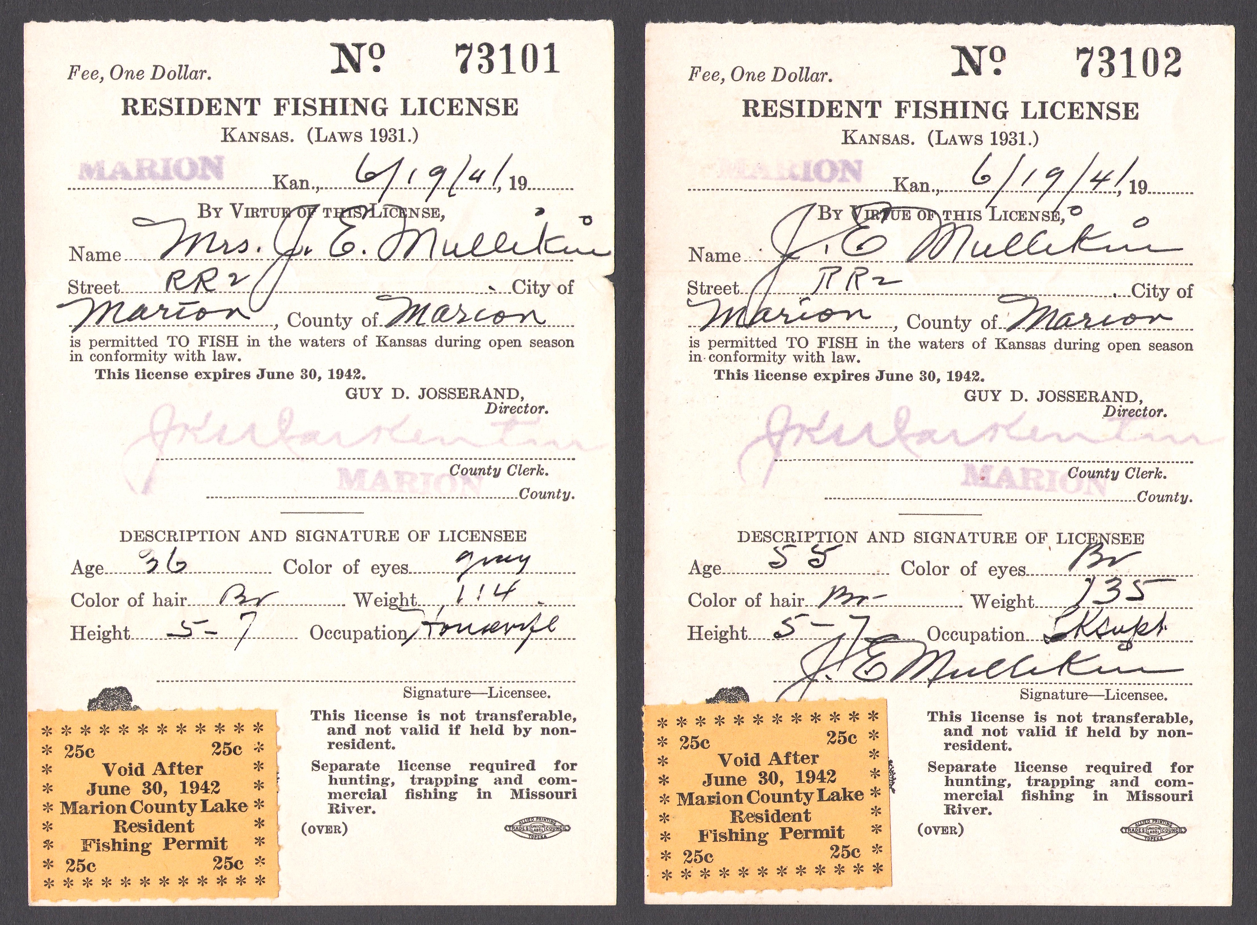 1941-42 Marion County Fishing stamps used on Jerry and Verona Mullikin's Licenses