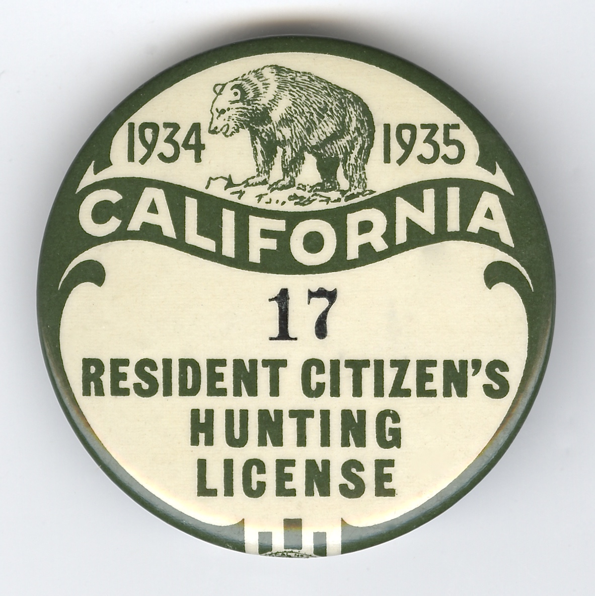 1934 Special Prestige California Hunting License Button
