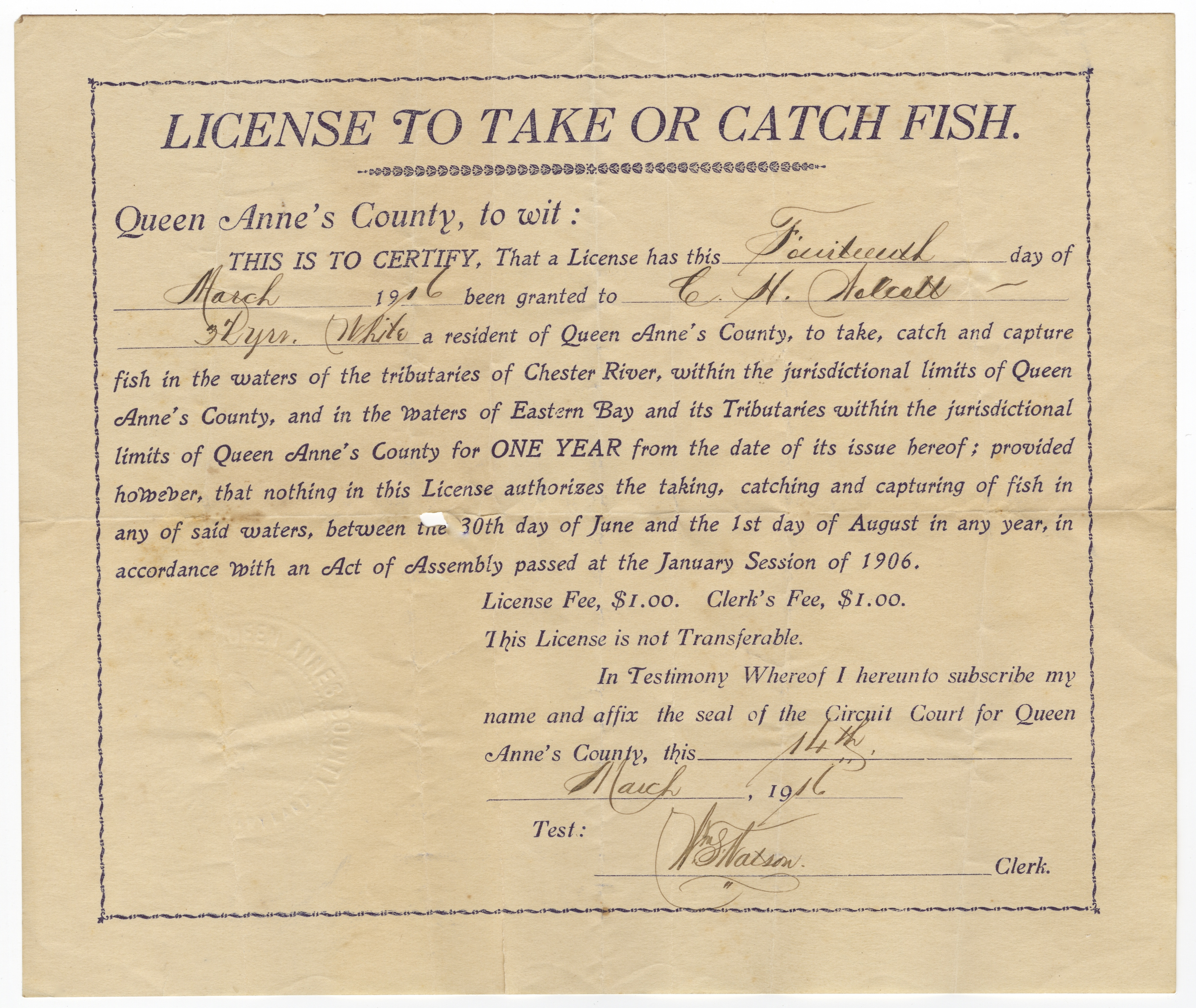 1917 Resident Queen Anne's County, Maryland Fishing License Waterfowl