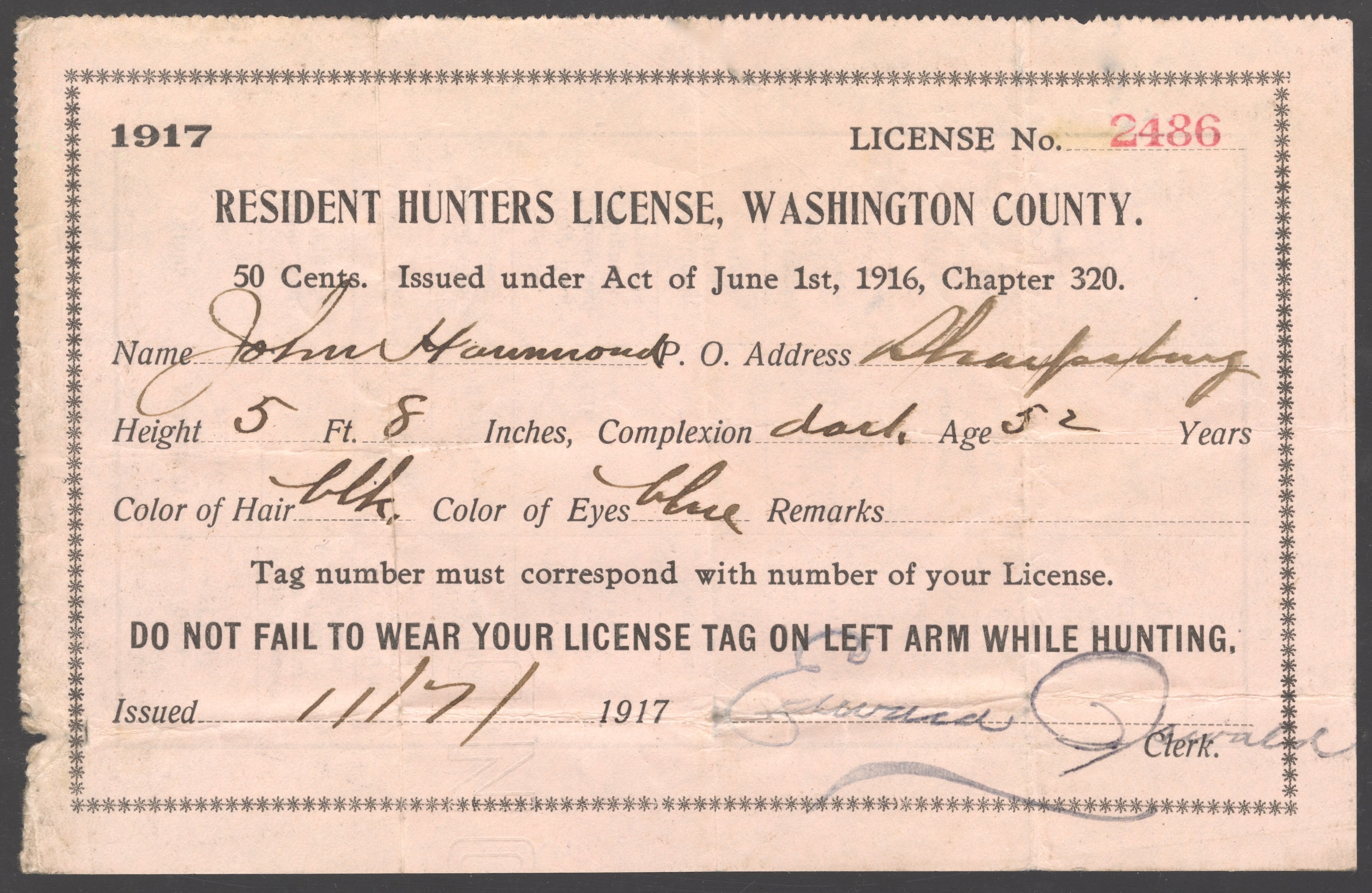 1917 Resident Washington County, Maryland Hunting License Waterfowl