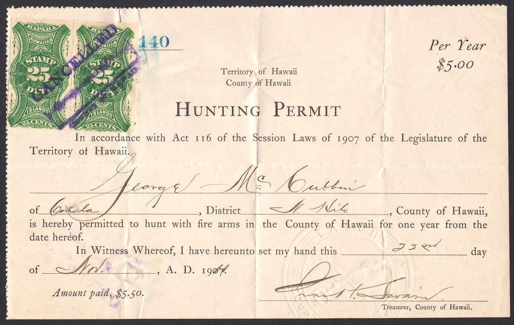 1910 1924 Hawaii Hunting Licenses Waterfowl Stamps and More