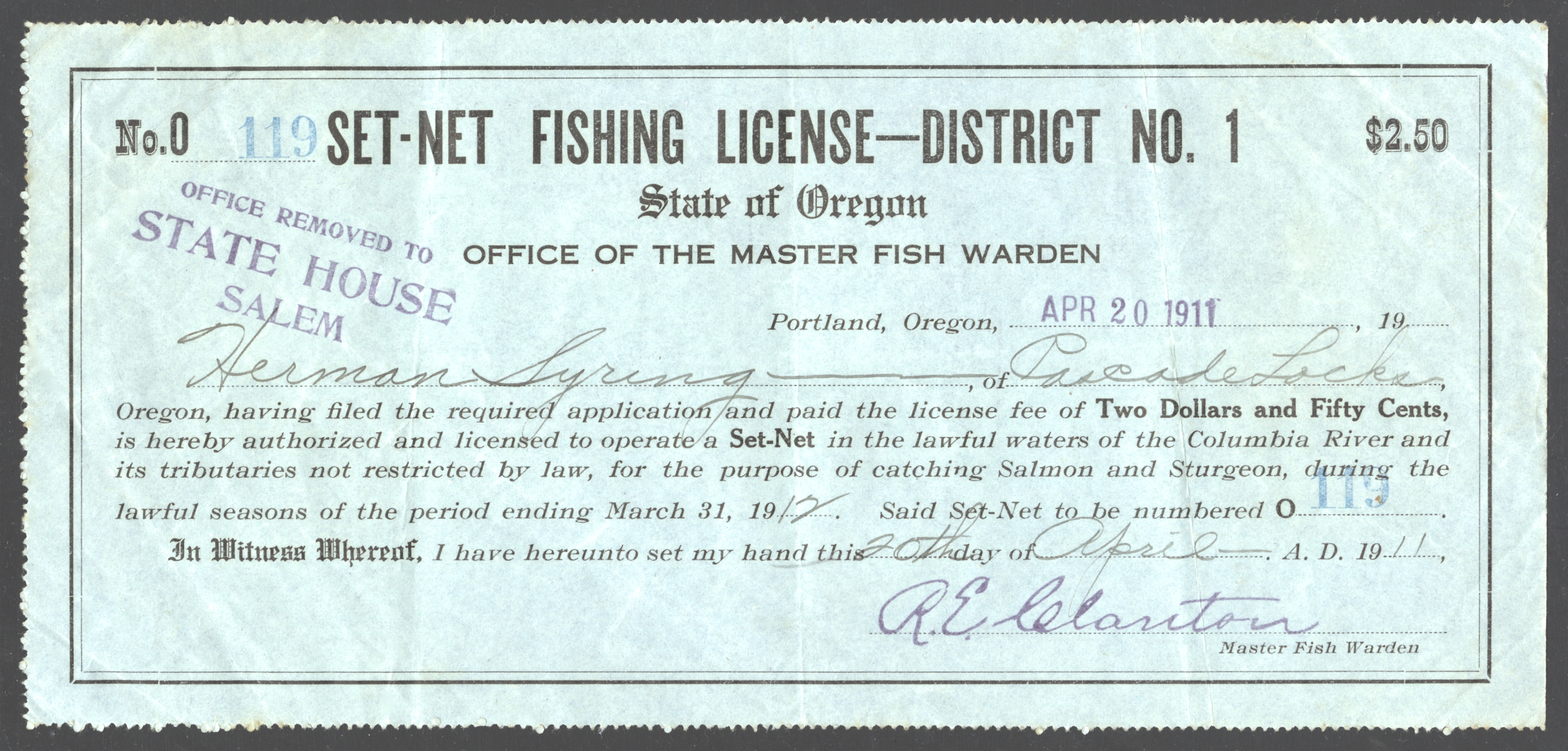 1911 Oregon Set Net Fishing License Waterfowl Stamps and More