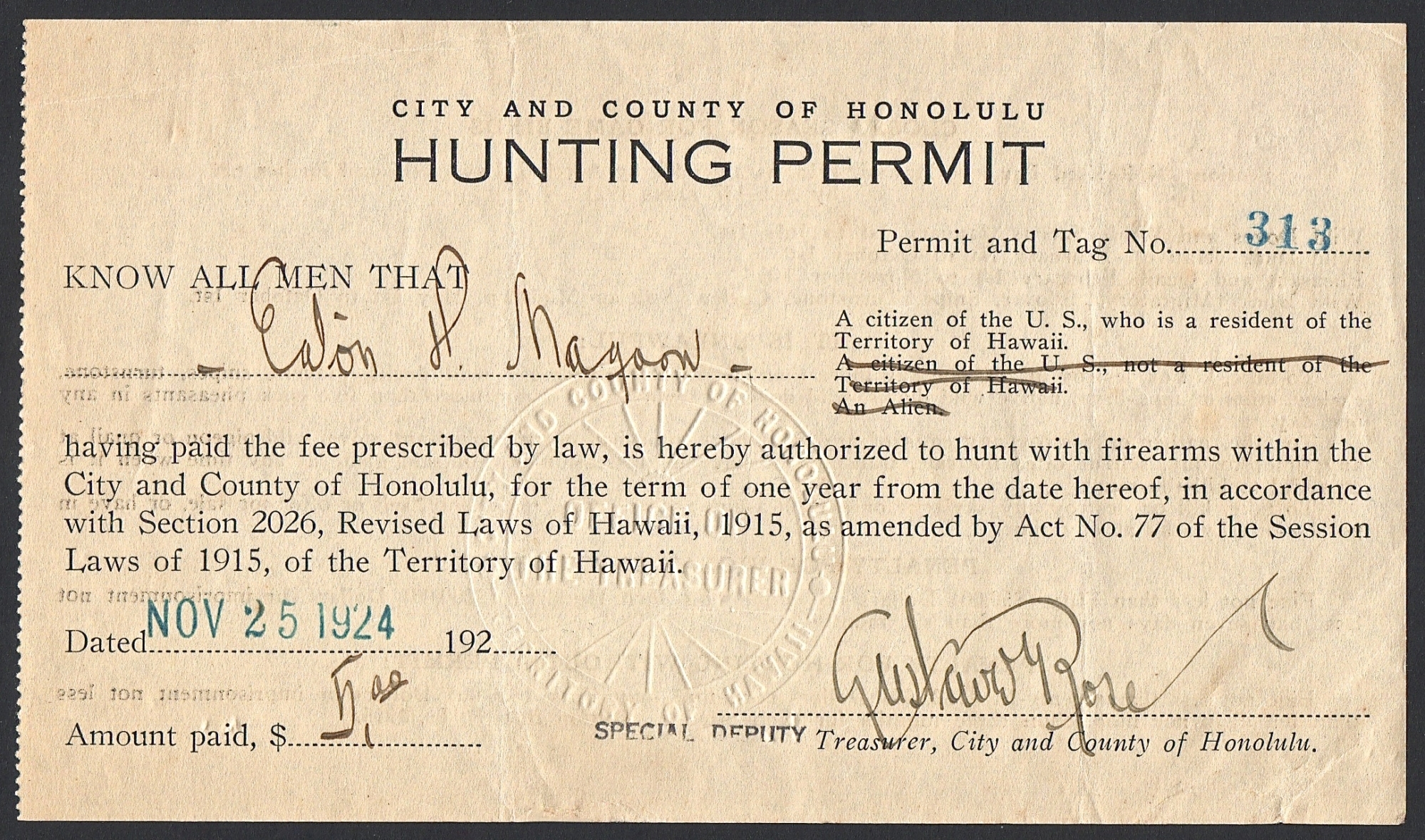 1910 1924 Hawaii Hunting Licenses Waterfowl Stamps and More