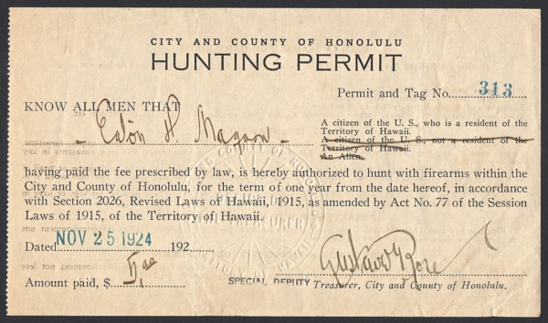 1910 - 1924 Hawaii Hunting Licenses - Waterfowl Stamps and More