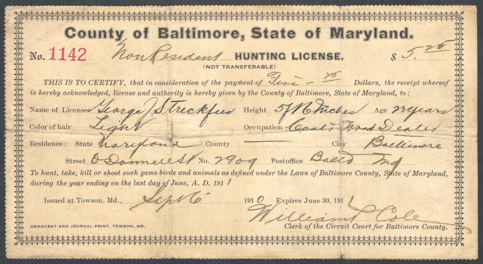 1910 Baltimore County Maryland Hunting License 2000x1095 Waterfowl Stamps And More 7188