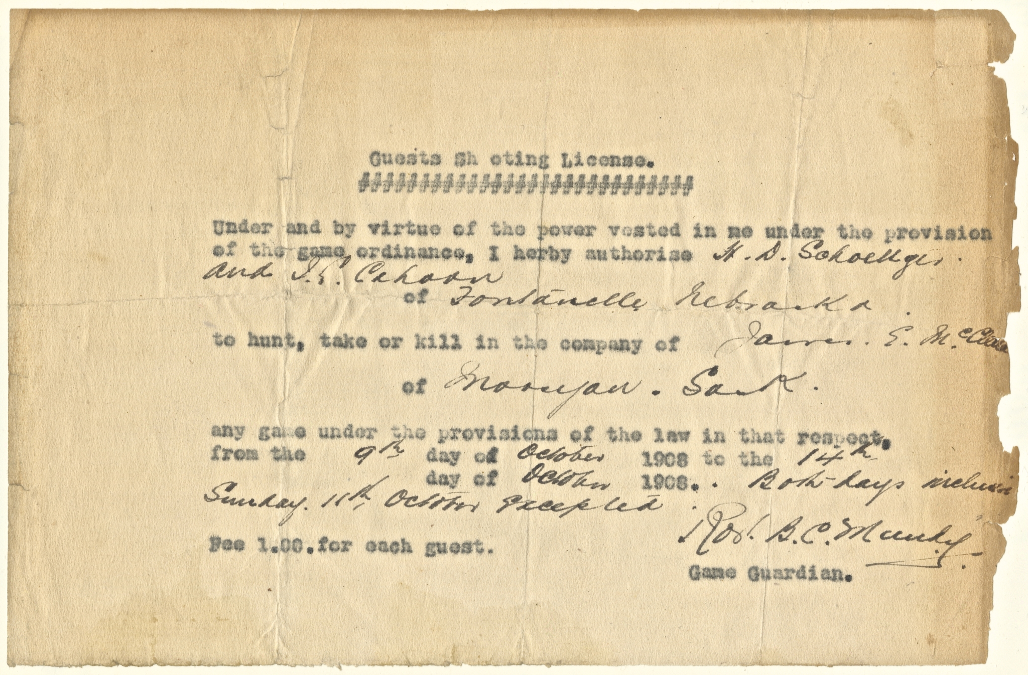 1908 Saskatchewan Hunting License H.D. Schoeetger Waterfowl Stamps and More