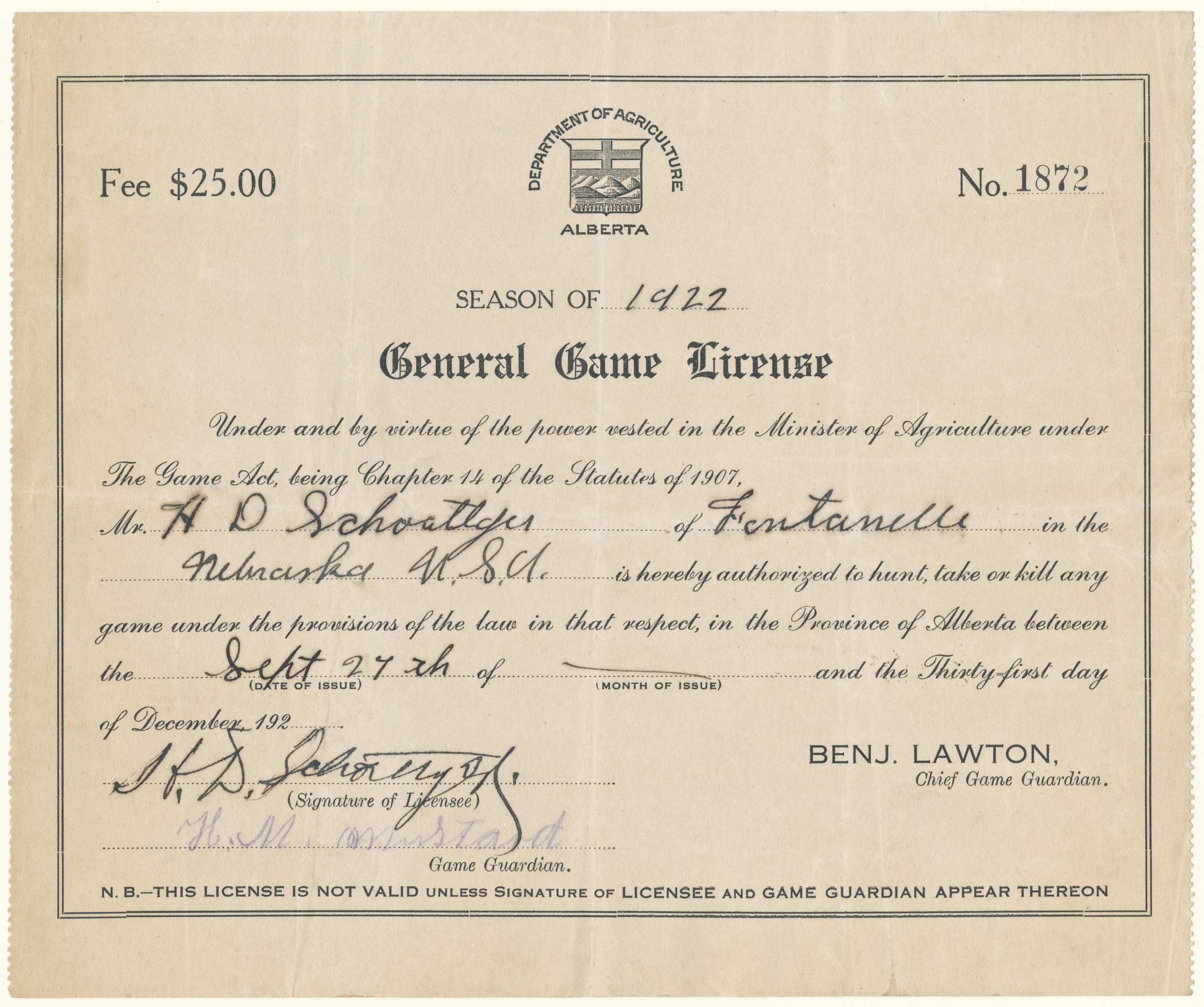 1922 Alberta Hunting License H D Shoettger Waterfowl Stamps and More