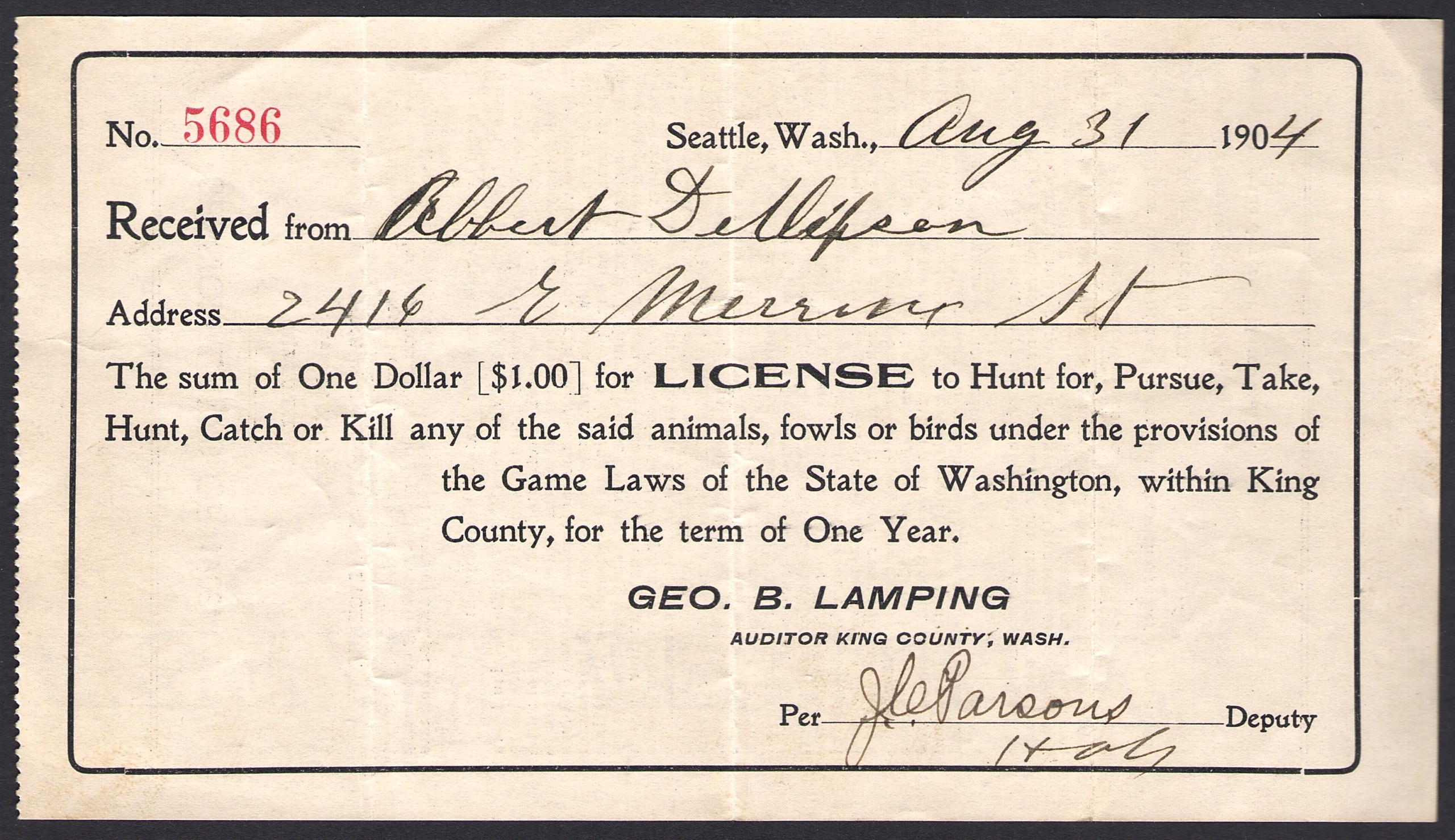1904 King County, Washington Hunting License (Paper Portion)