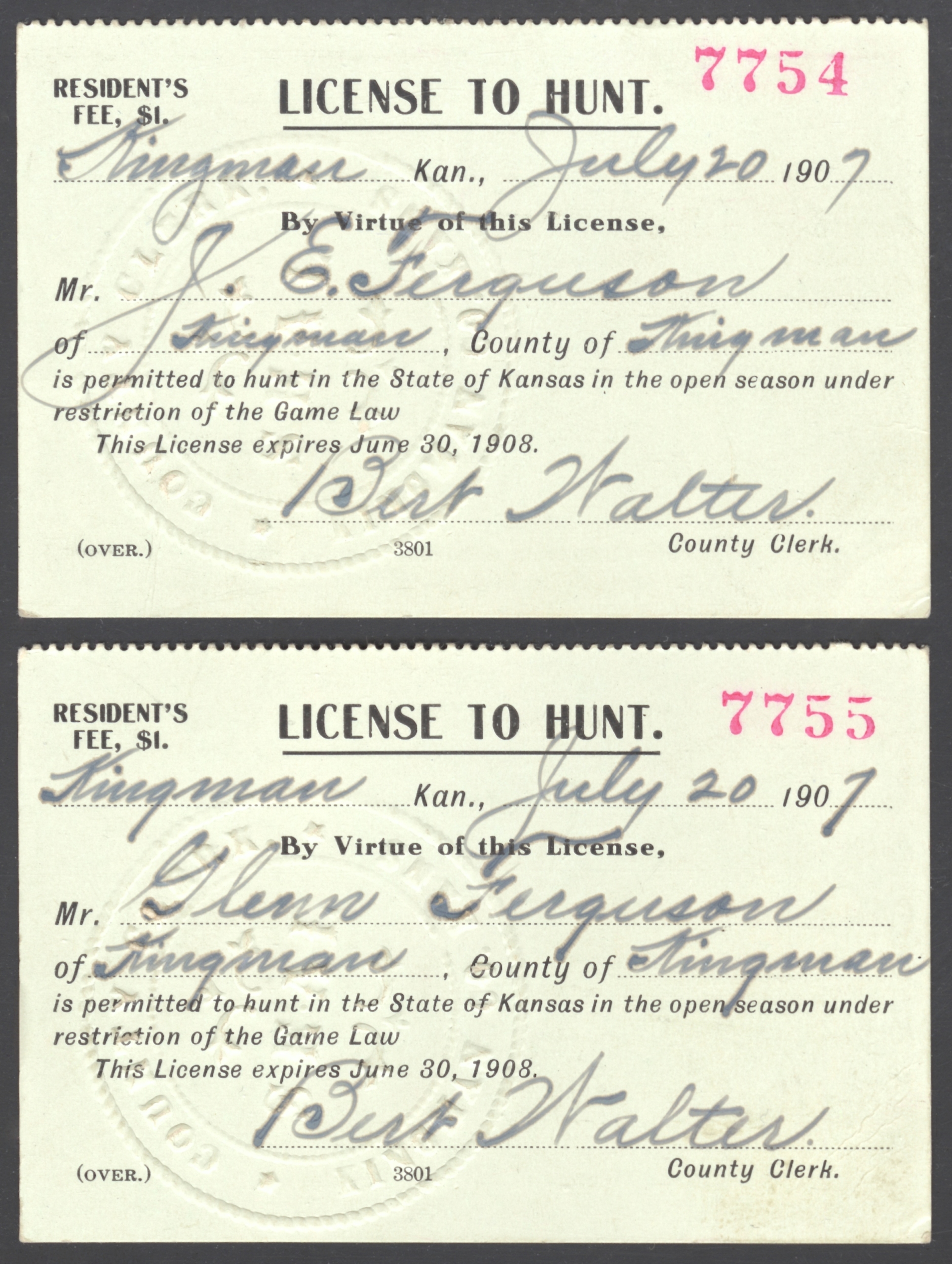 1907 Kansas "Husband and Wife" Licenses to Hunt