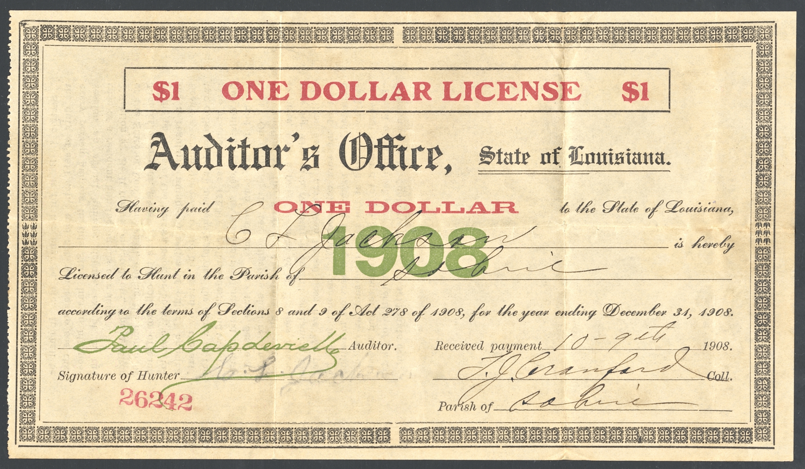 1908 Louisiana License to Hunt