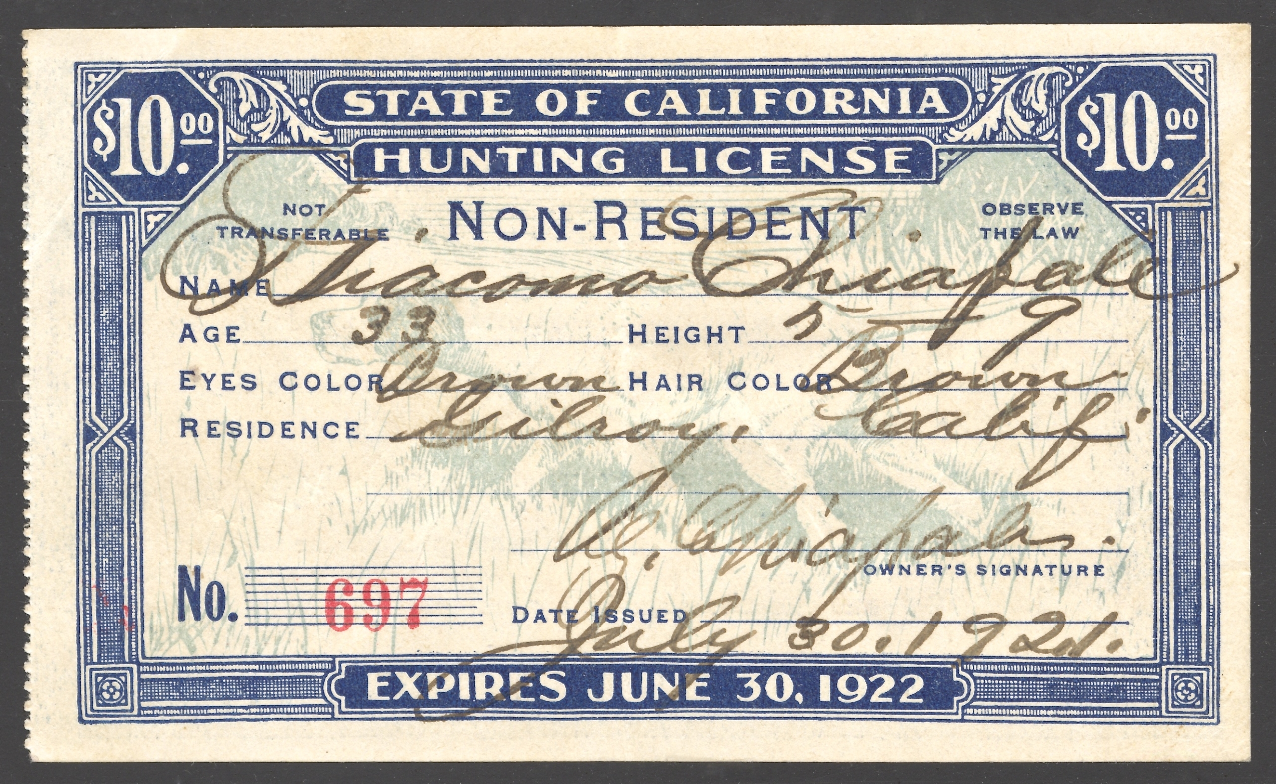1921-22 California Non Resident Hunting License