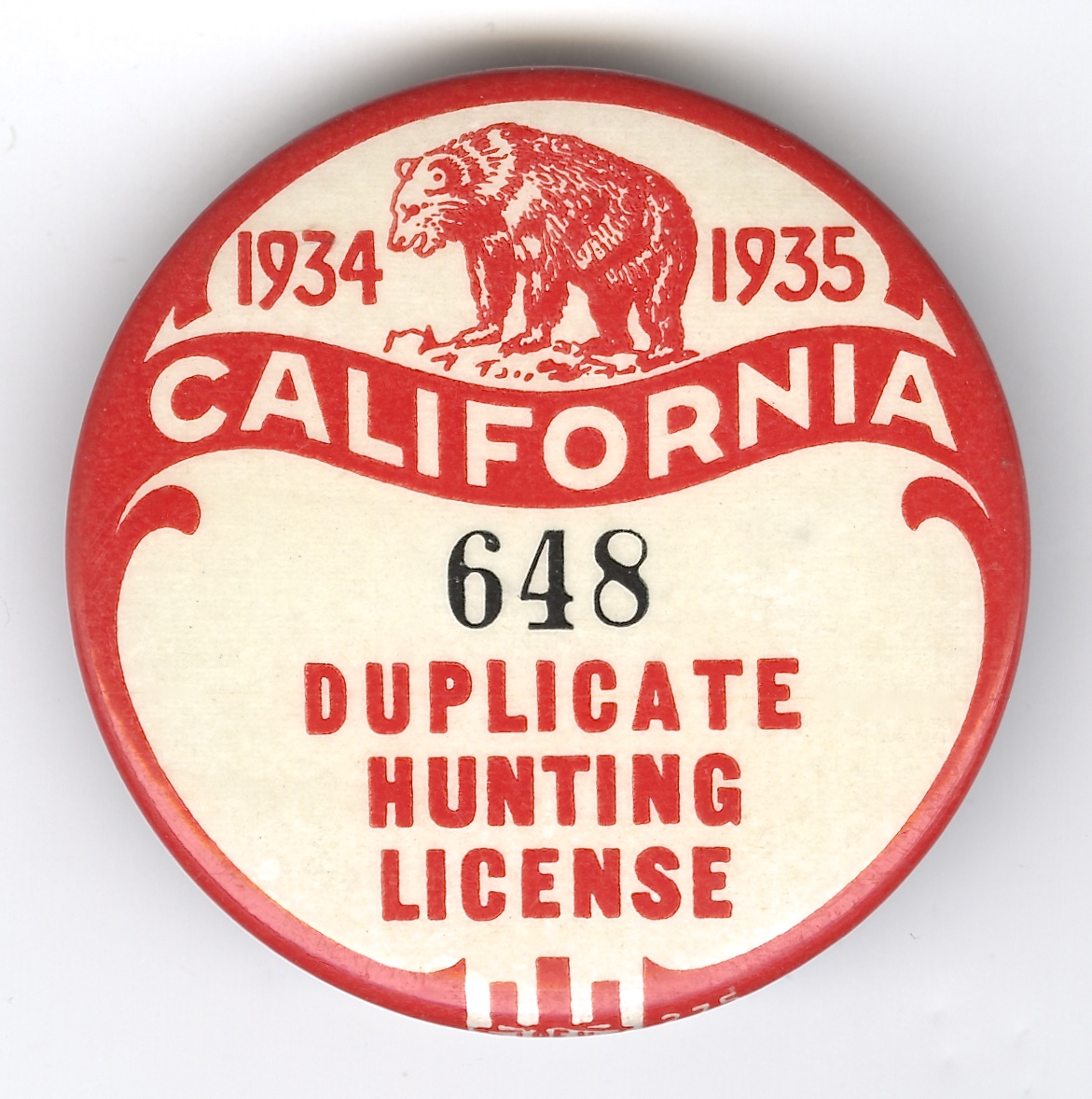 1934-35 California Duplicate Hunting License Button