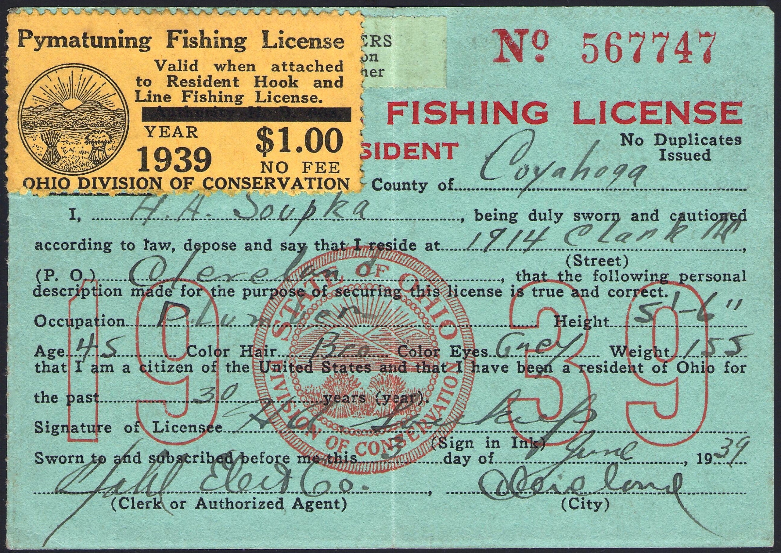1939 Pymatuning Fishing on License