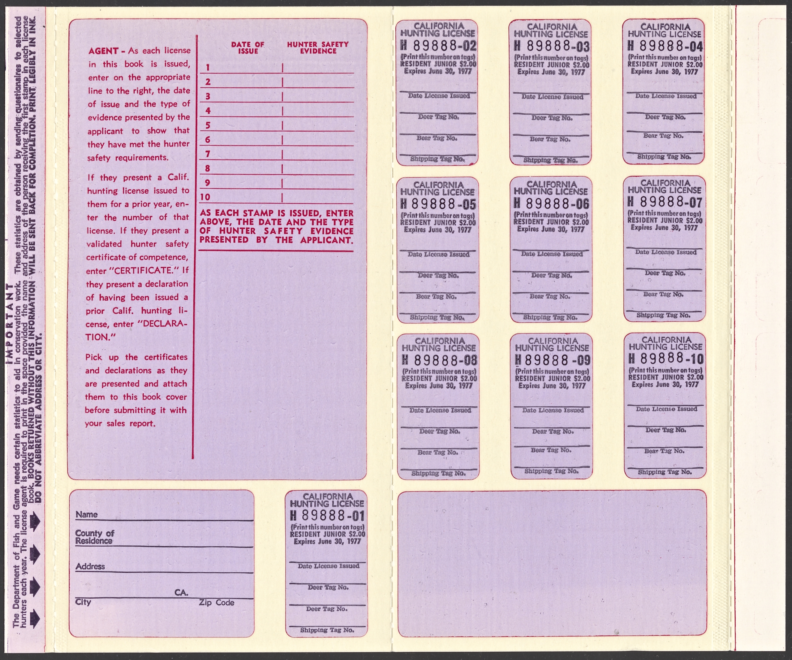 1976-77 California Junior Hunting License Validation Booklet showing Errors in Positions one and Nine