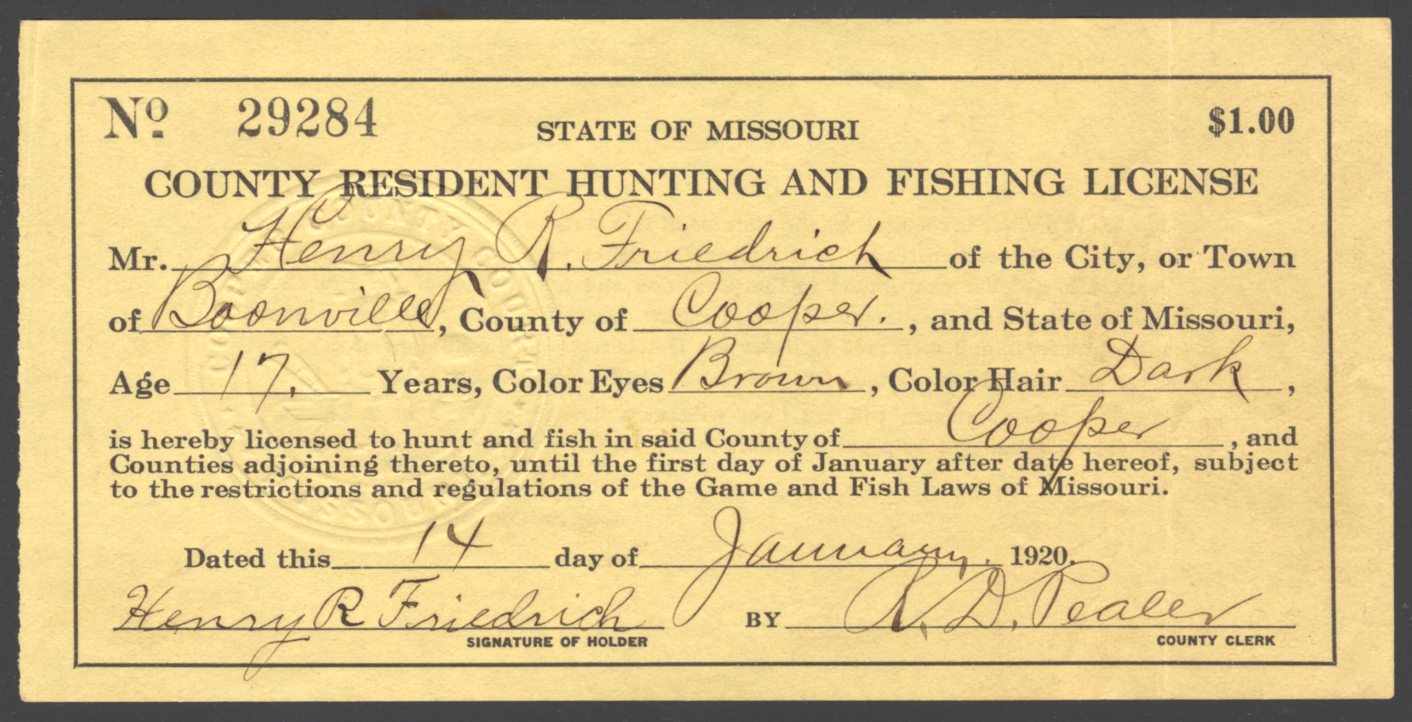 1920 Missouri County Resident Hunting and Fishing License - Waterfowl 