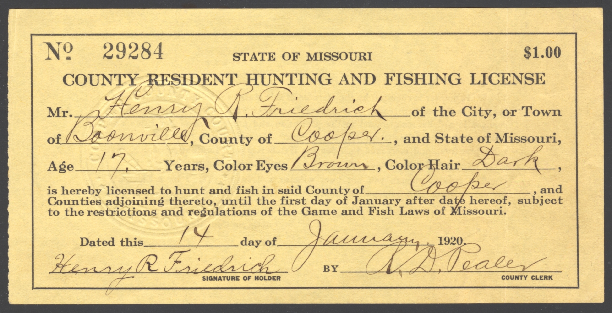 1920 Missouri County Resident Hunting and Fishing License