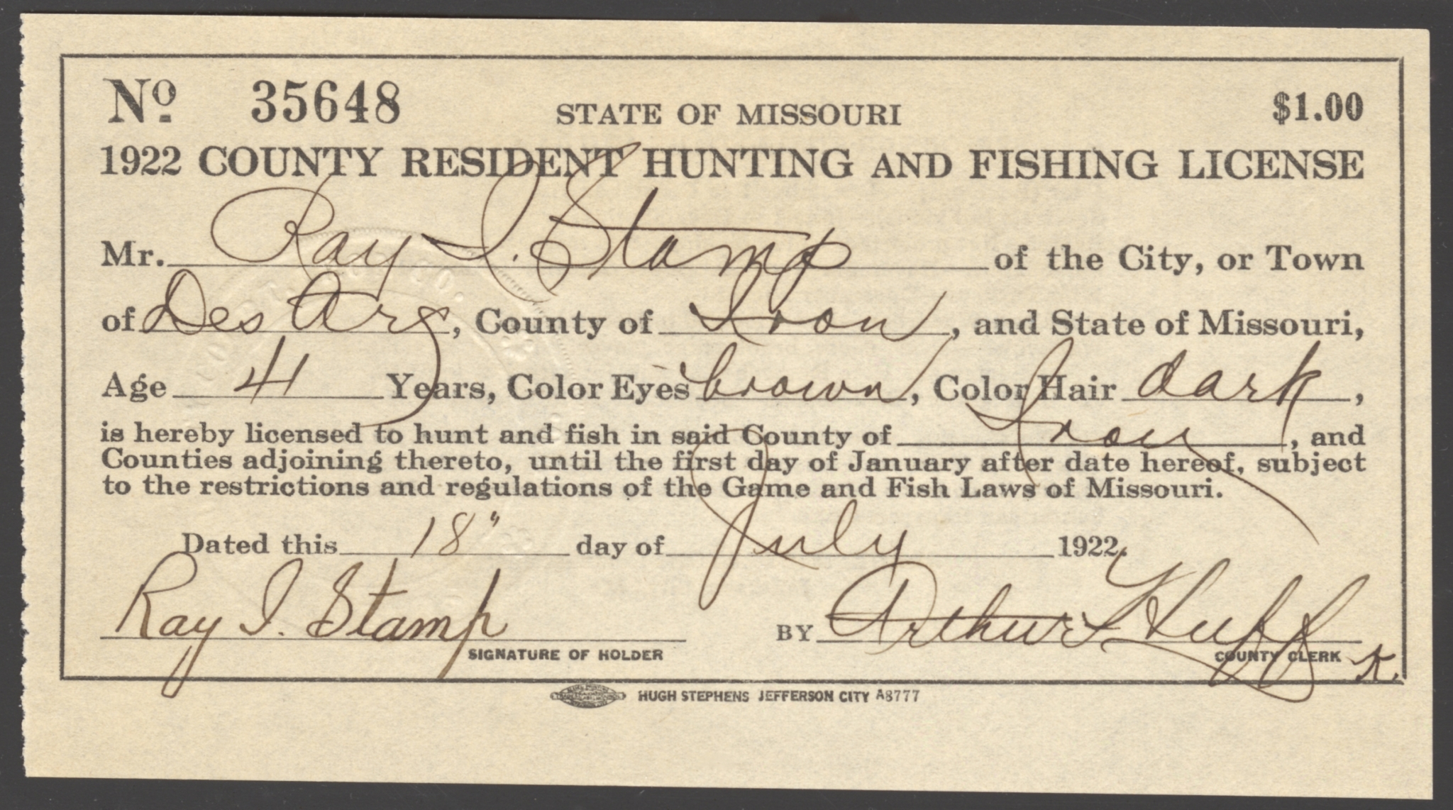 1922 Missouri County Resident Hunting and Fishing License with Original 