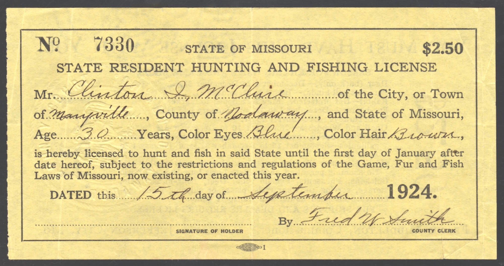 1924 Missouri State Resident Hunting and Fishing License with Original