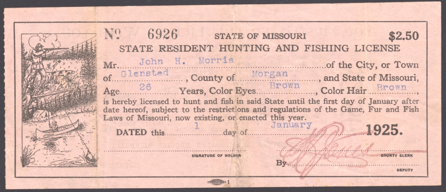 1925 Missouri State Resident Hunting and Fishing License with Original 