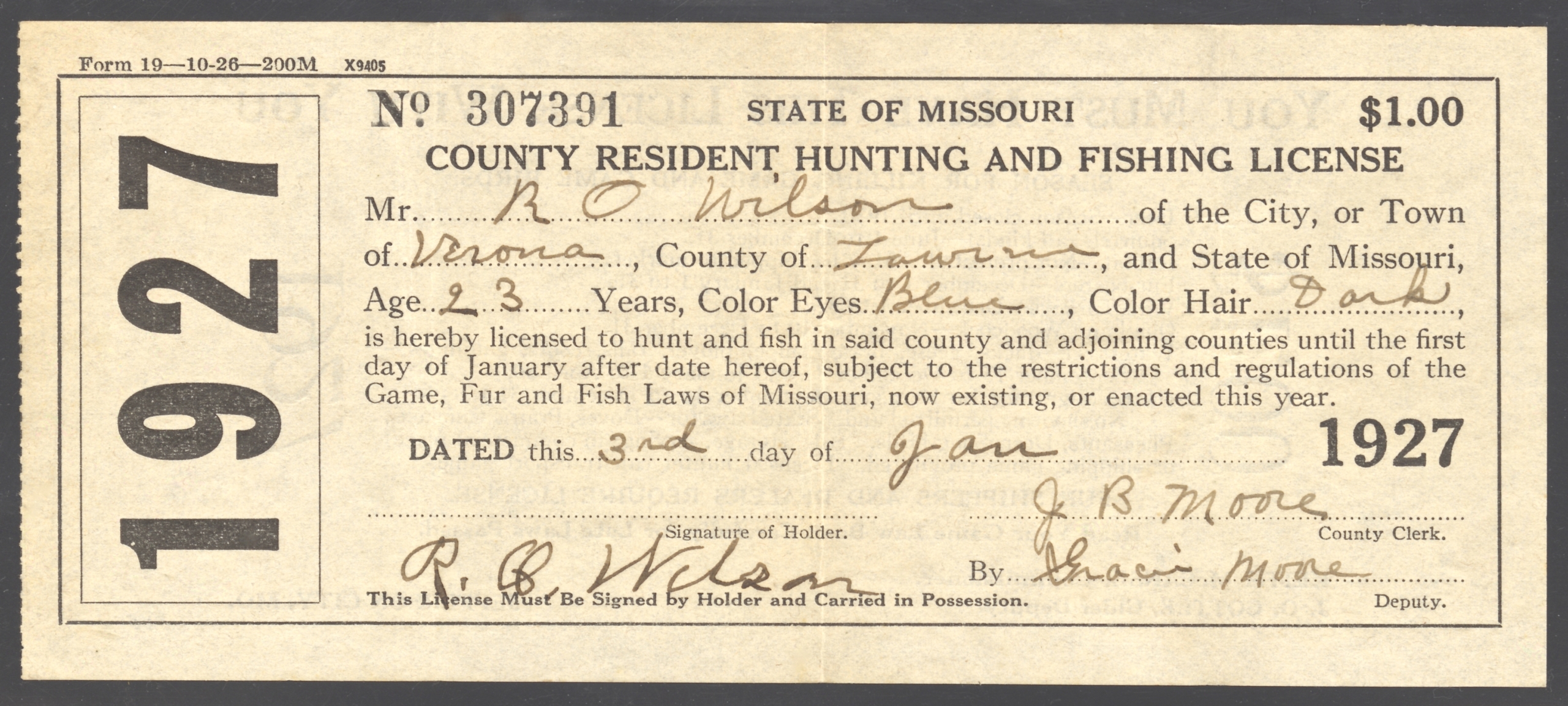 1927 Missouri County Resident Hunting and Fishing License with Original 