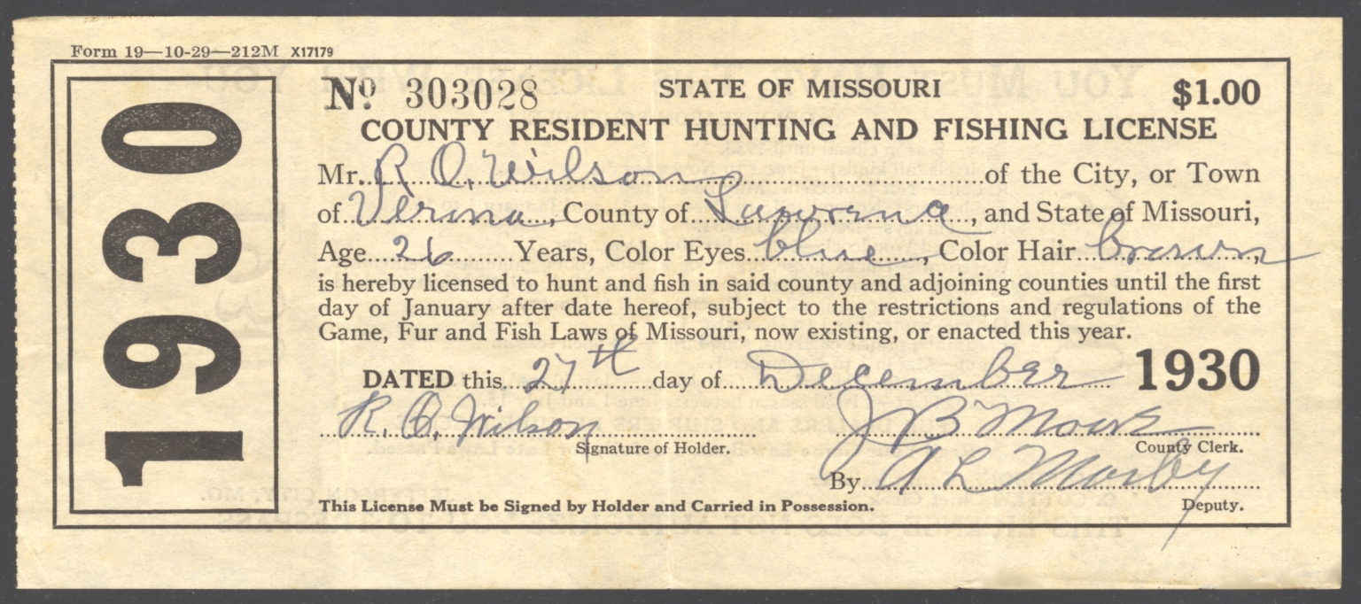 1930 Missouri County Resident Hunting and Fishing License 2 - Waterfowl 