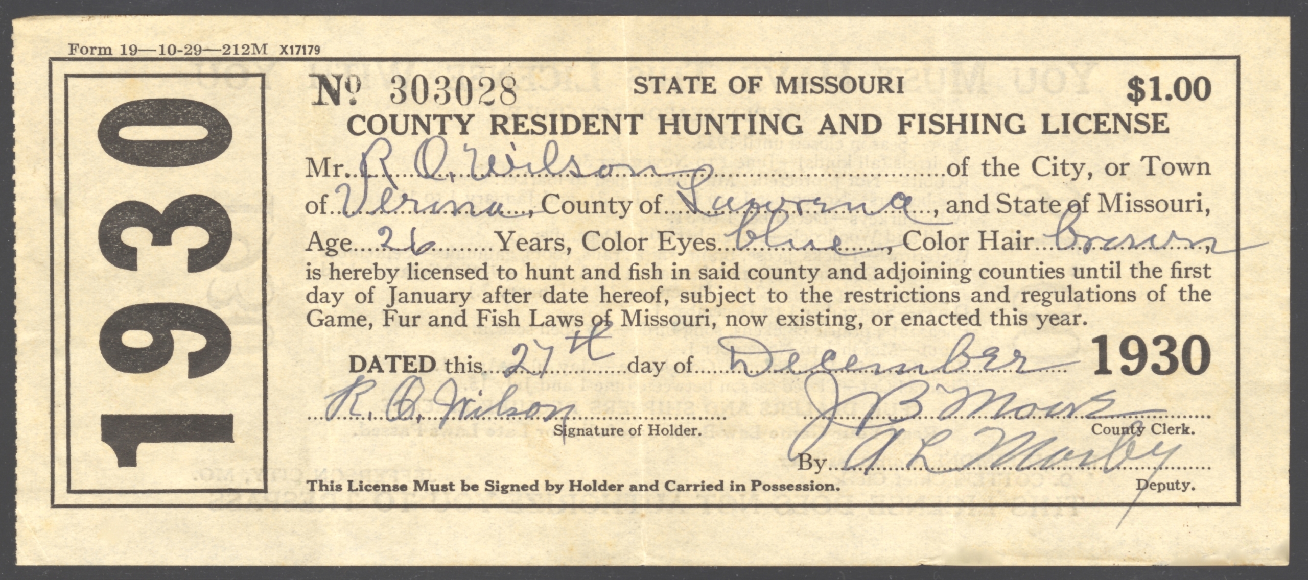 1930 Missouri County Resident Hunting and Fishing License 2 Waterfowl