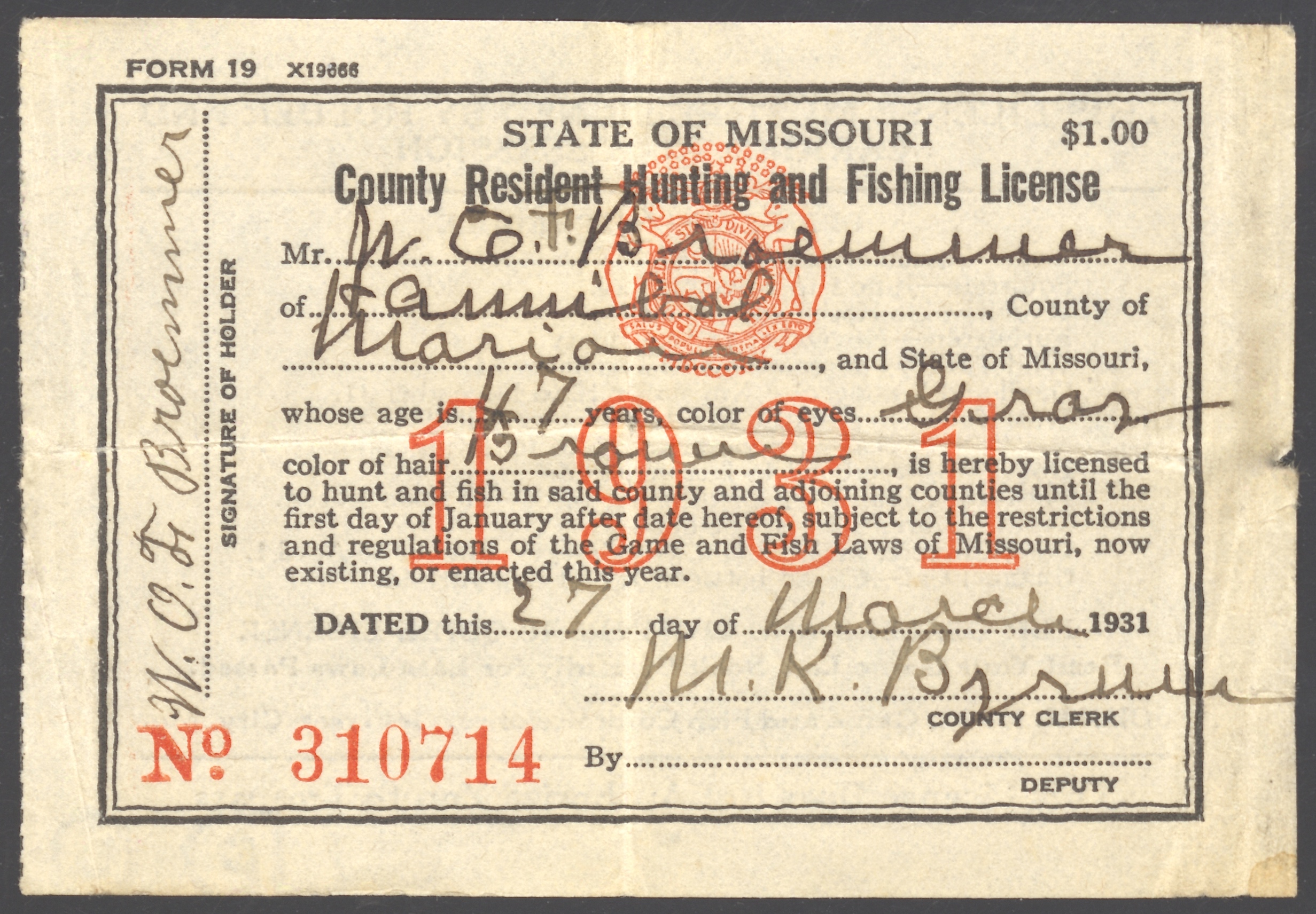 1931 Missouri County Resident Hunting and Fishing License - Version 2 