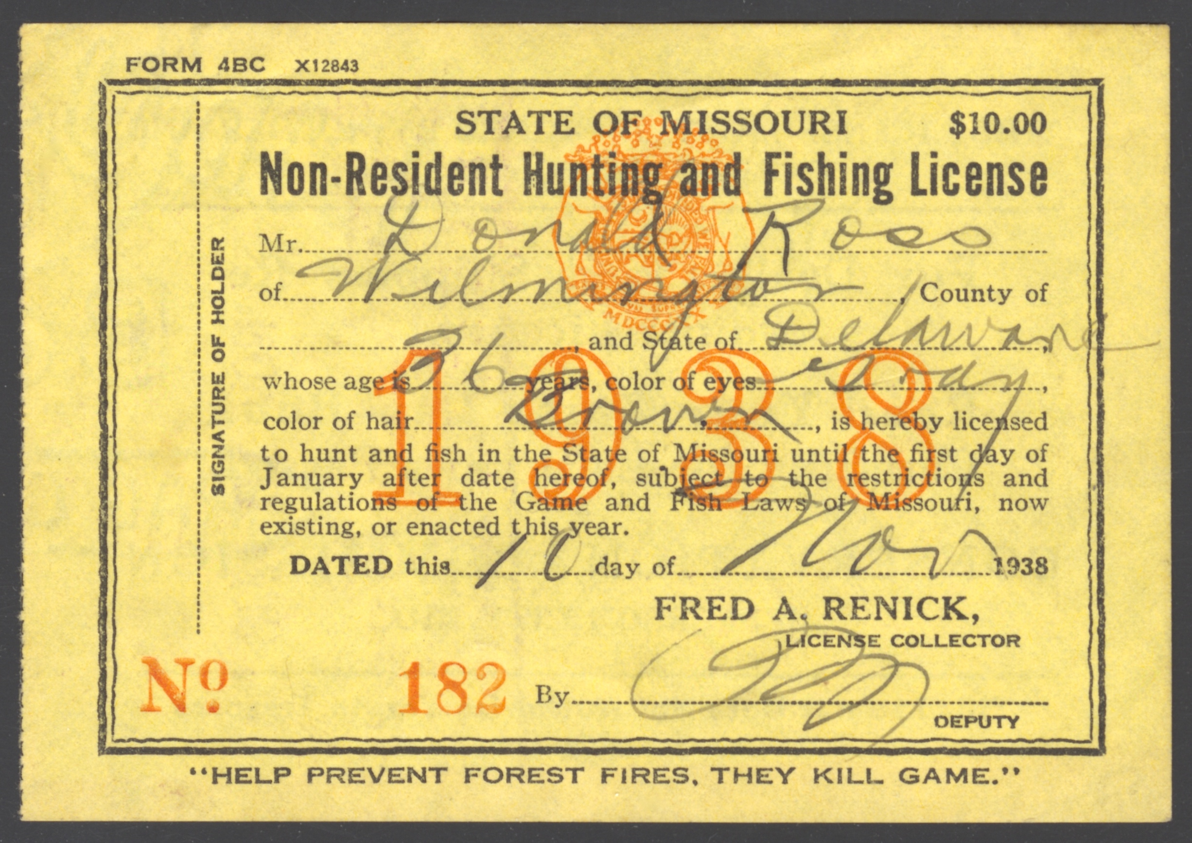 1938 Missouri State Non Resident Hunting and Fishing License - Back 