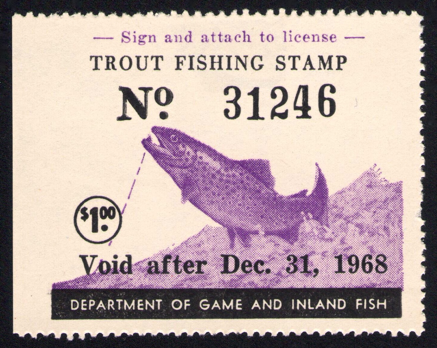 1969 Non-resident 5 dollar trout stamp New Jersey