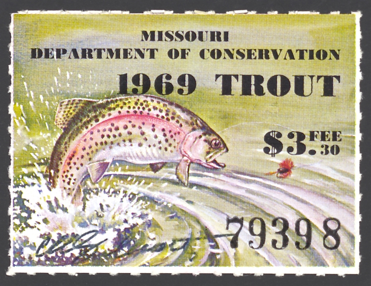 1969 Missouri Missouri Trout Stamp signed by Charles Schwartz