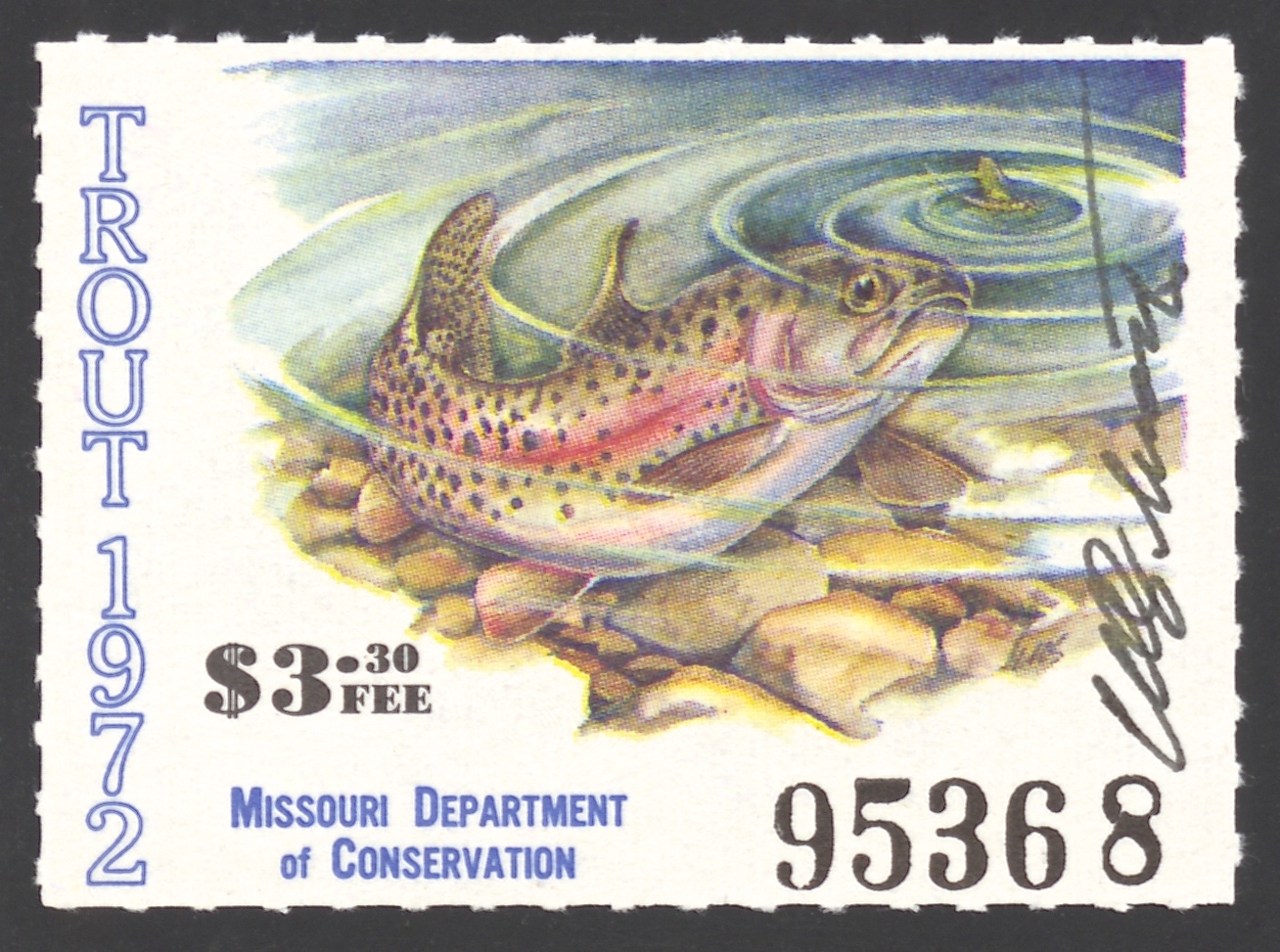 1972 Missouri Missouri Trout Stamp signed by Charles Schwartz