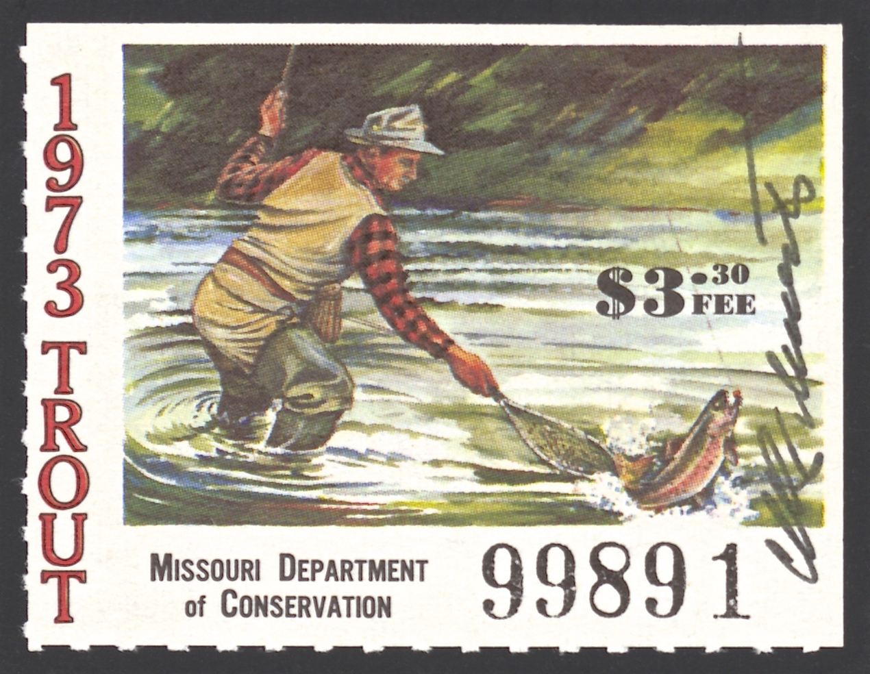 1973 Missouri Missouri Trout Stamp signed by Charles Schwartz