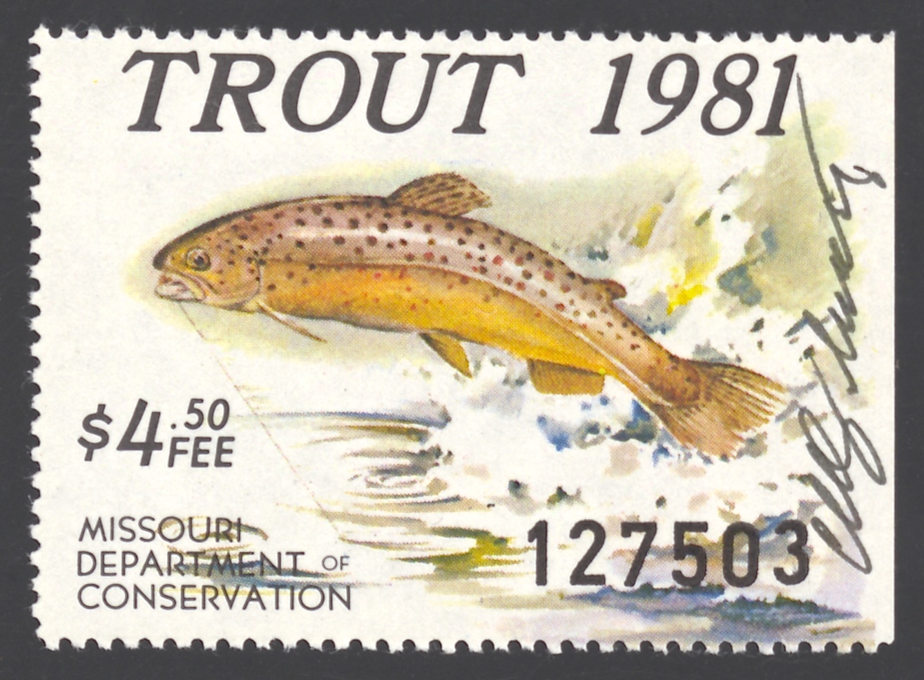 1981 Missouri Missouri Trout Stamp signed by Charles Schwartz