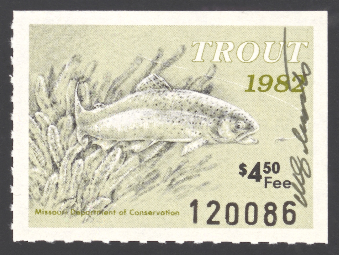 1982 Missouri Missouri Trout Stamp signed by Charles Schwartz